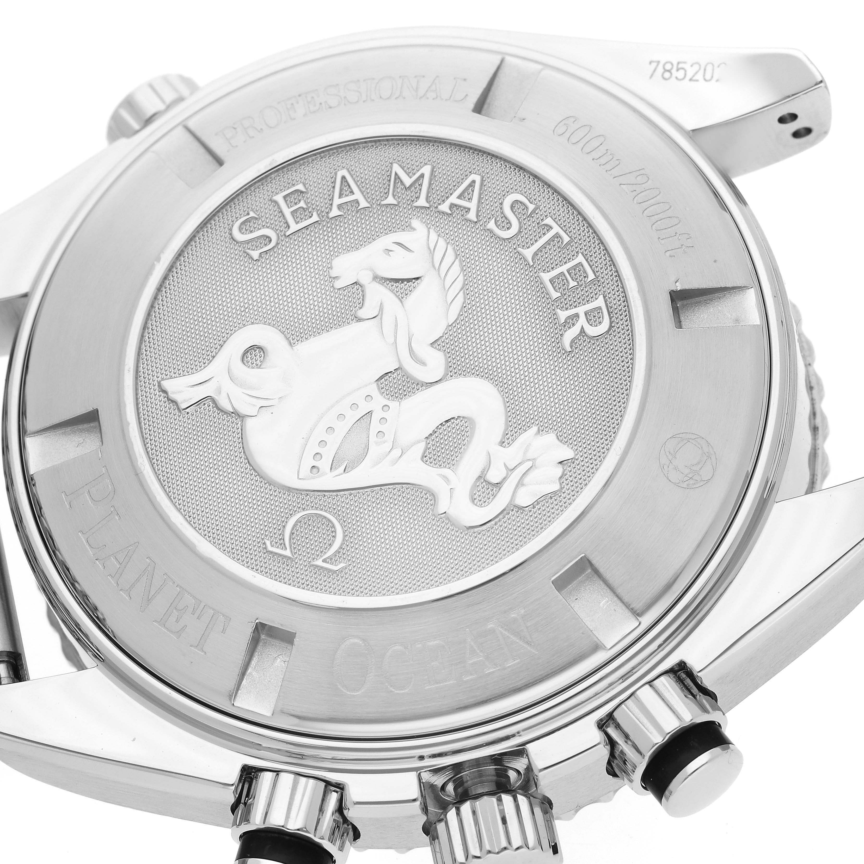 The image shows the case back of the Omega Planet Ocean 2210.50.00 Men
s Stainless Steel Black Dial 2210.50.00 Men
s Stainless Steel Black Dial watch, highlighting the "Seamaster" engraving and hippocampus emblem.