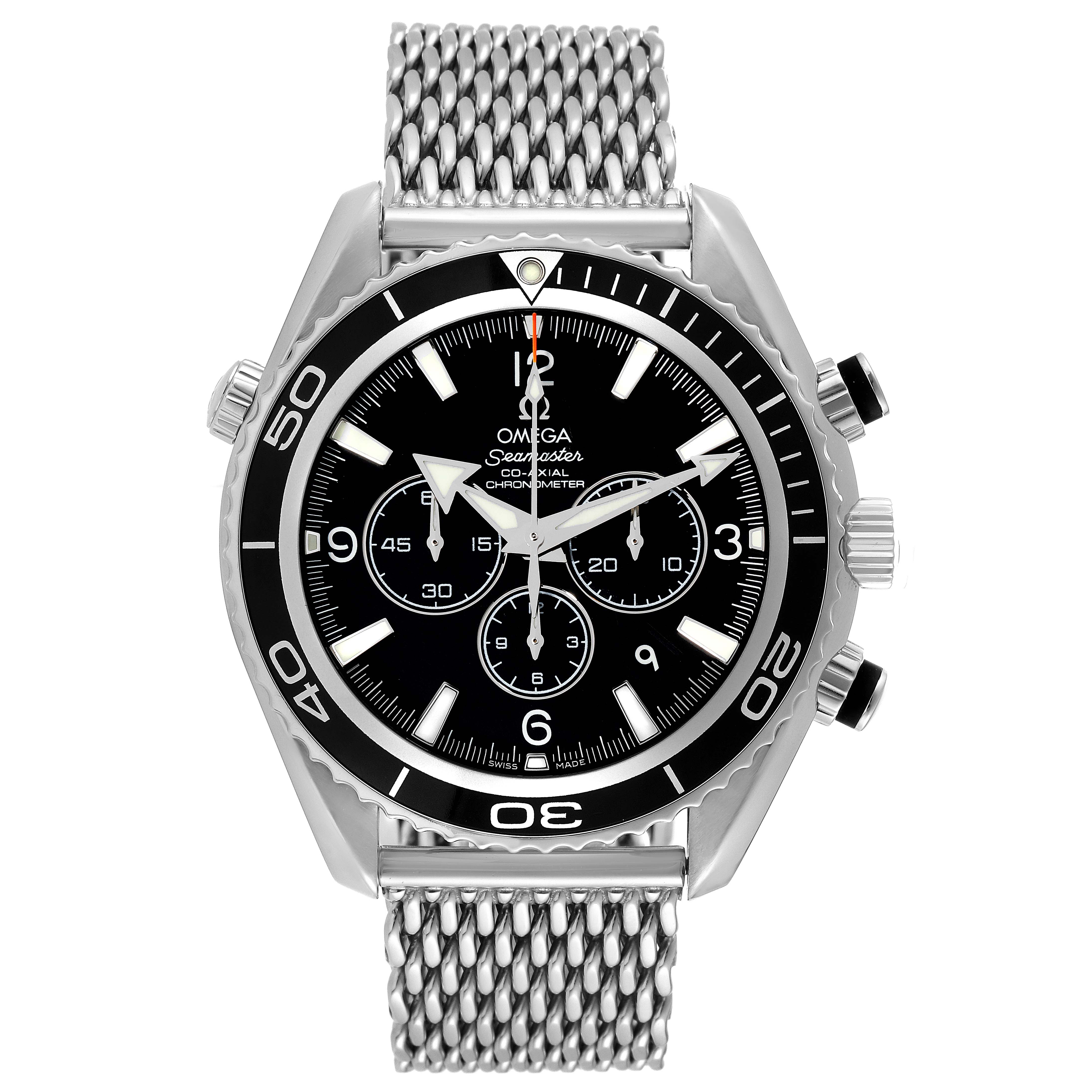 The image shows a front view of an Omega Planet Ocean 2210.50.00 Men
s Stainless Steel Black Dial 2210.50.00 Men
s Stainless Steel Black Dial watch, highlighting its dial, bezel, and stainless steel mesh bracelet.