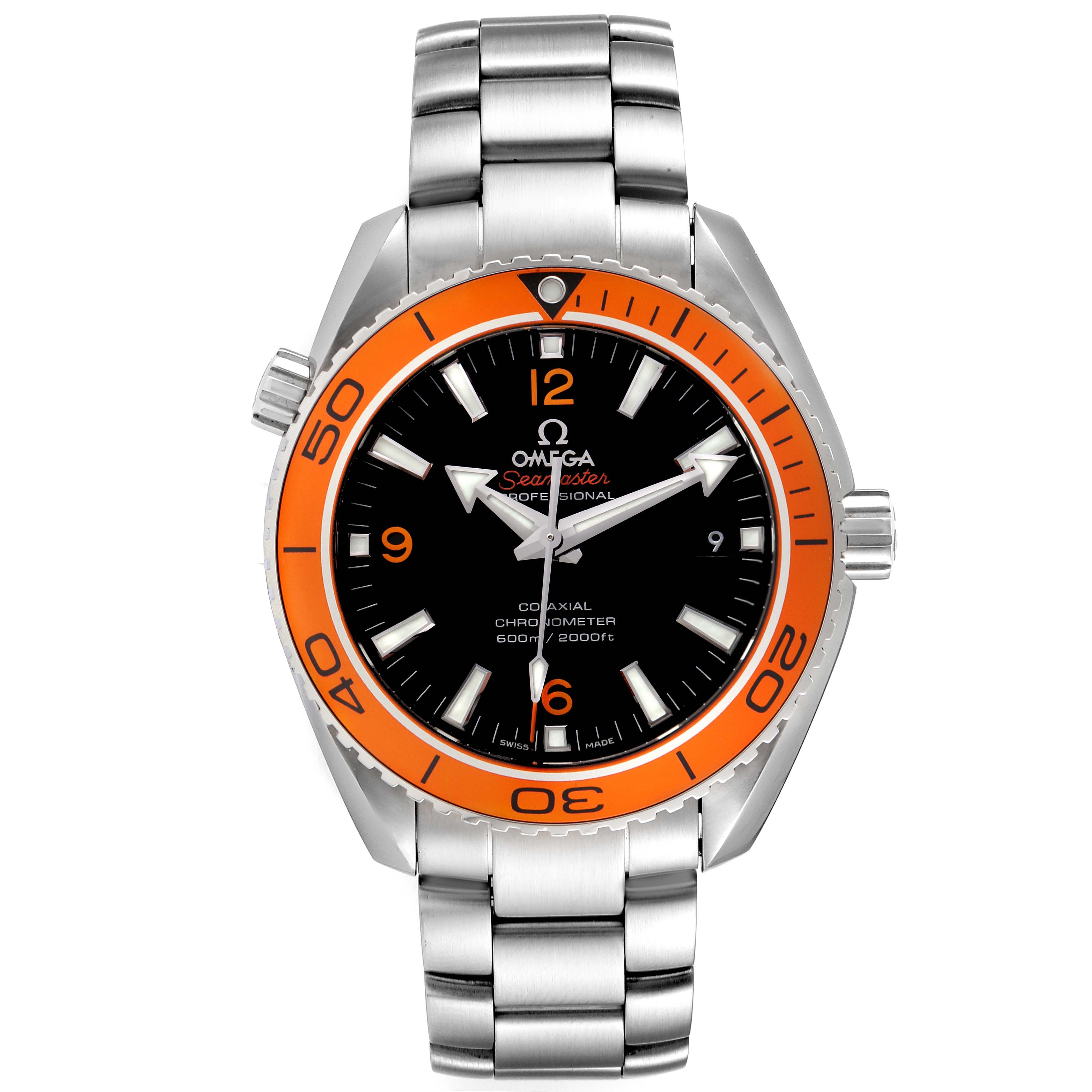 The image shows a front view of the Omega Planet Ocean 232.30.42.21.01.002 Men's Stainless Steel Black Dial 232.30.42.21.01.002 Men's Stainless Steel Black Dial watch, highlighting its orange bezel, black dial, and stainless steel bracelet.