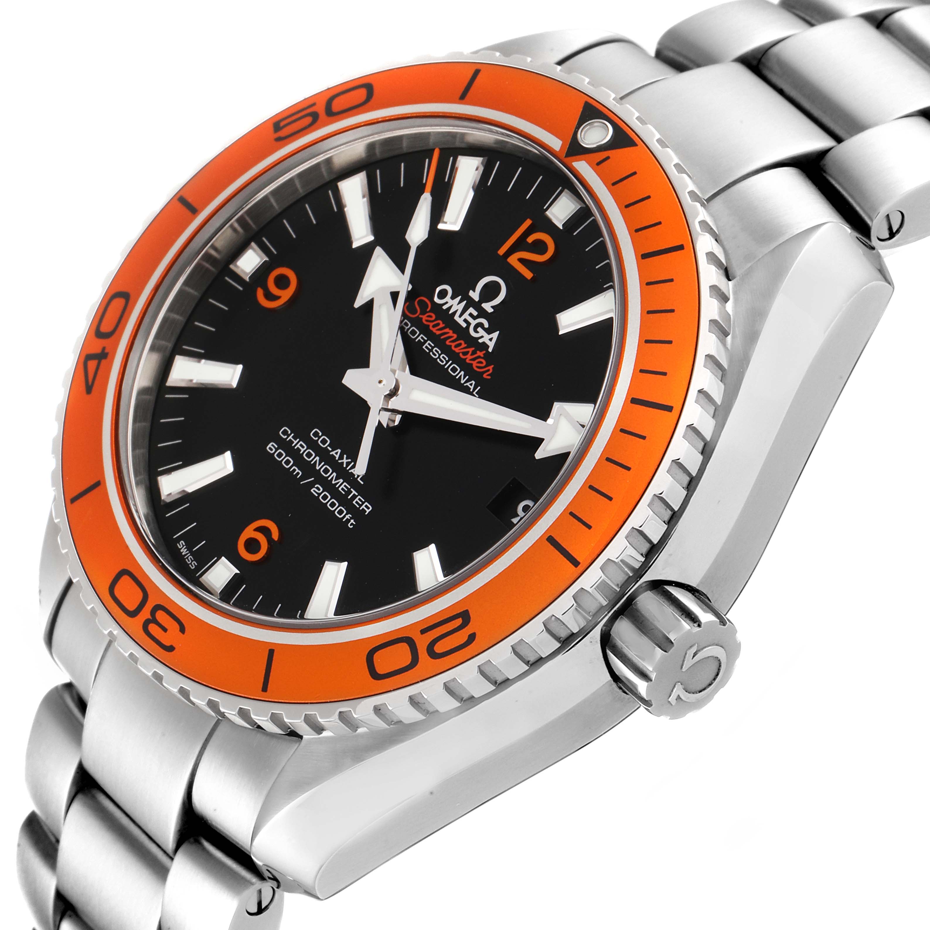 The image shows an angled close-up of the Omega Planet Ocean 232.30.42.21.01.002 Men's Stainless Steel Black Dial 232.30.42.21.01.002 Men's Stainless Steel Black Dial watch with a visible bezel, dial, crown, and part of the bracelet.