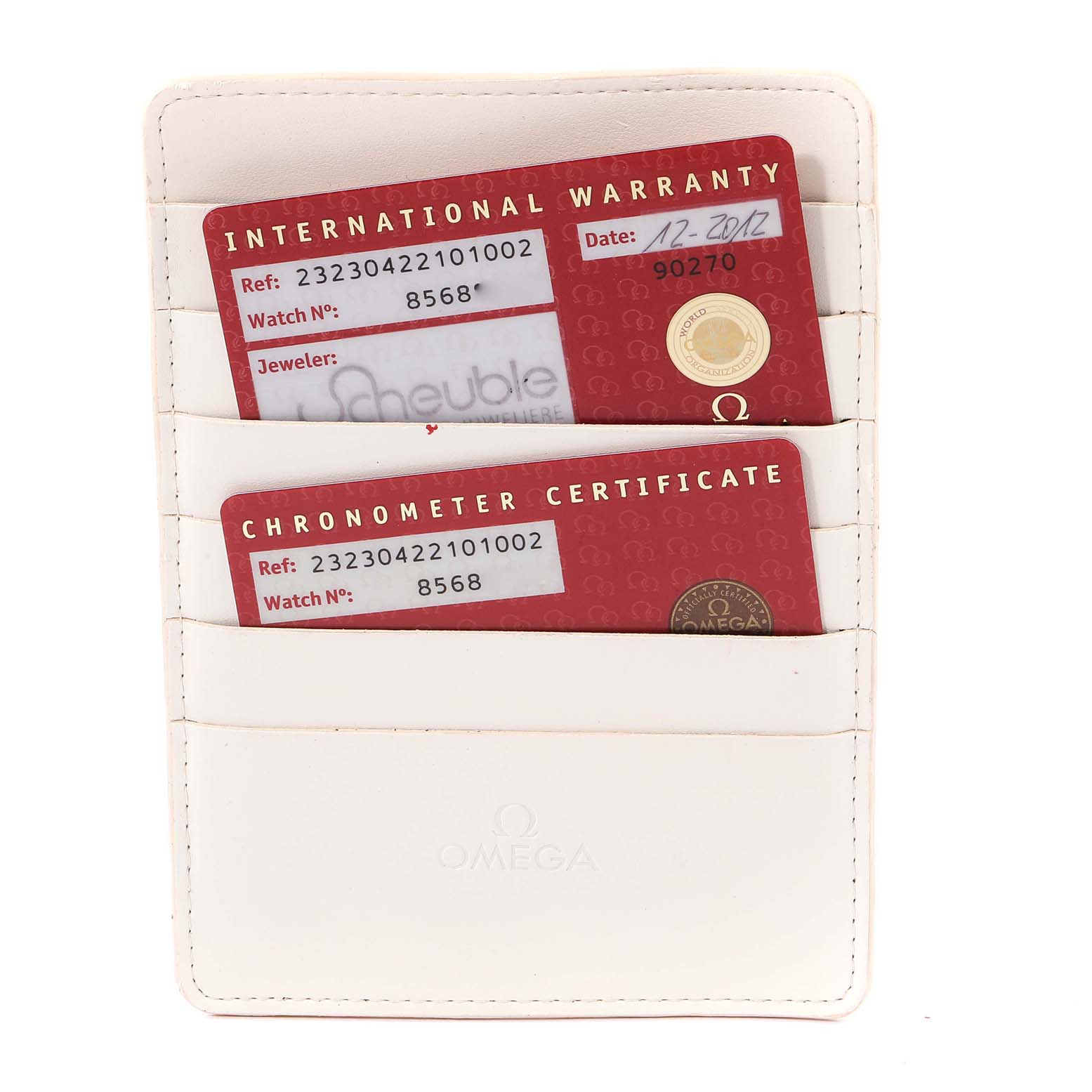 This image shows International Warranty and Chronometer Certificate cards for the Omega Planet Ocean 232.30.42.21.01.002 Men's Stainless Steel Black Dial 232.30.42.21.01.002 Men's Stainless Steel Black Dial model.