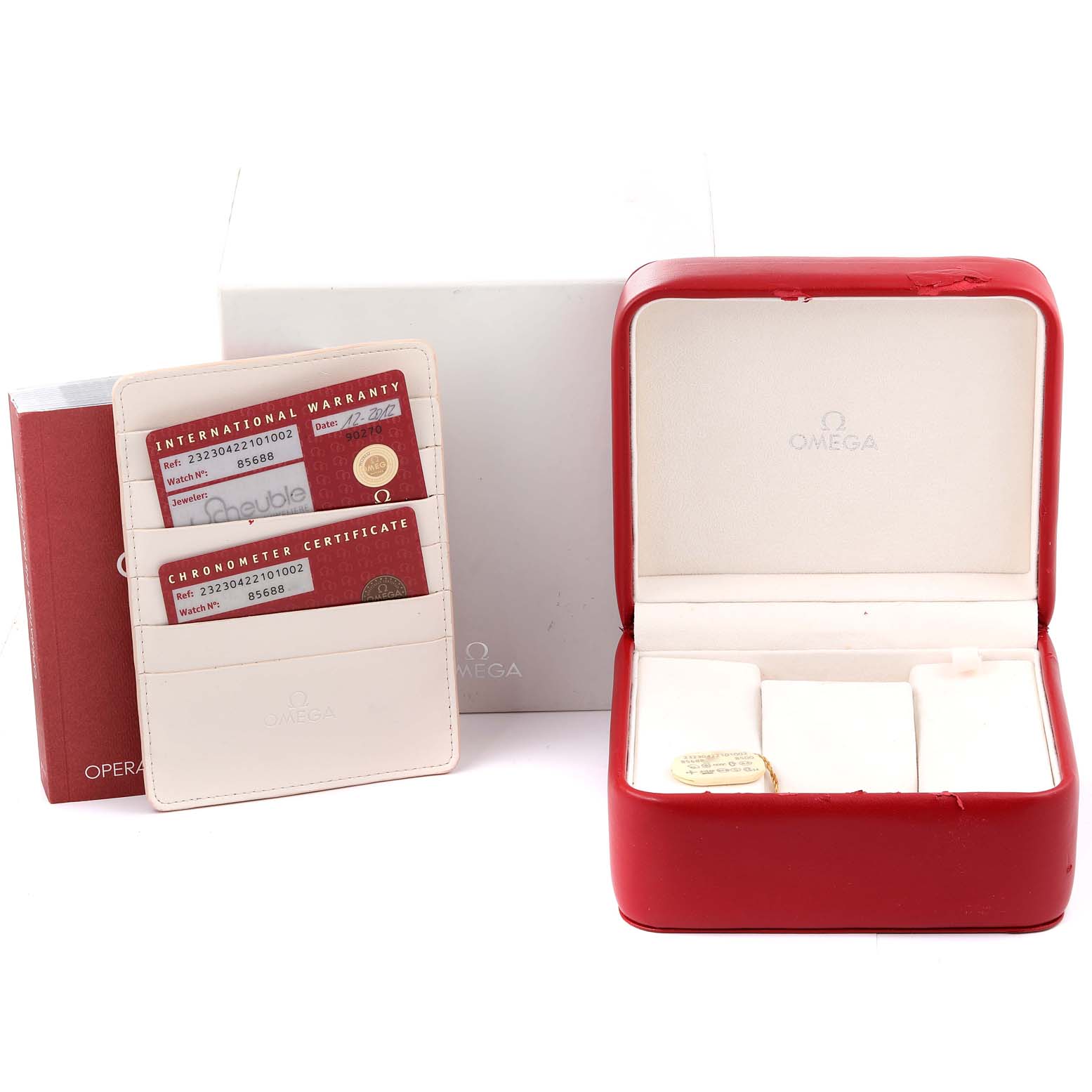 The image shows the box and warranty cards for an Omega Planet Ocean 232.30.42.21.01.002 Men's Stainless Steel Black Dial 232.30.42.21.01.002 Men's Stainless Steel Black Dial watch, with the box open and cards displayed.