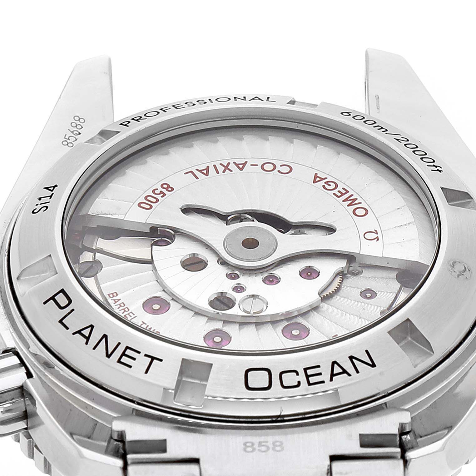 This image shows the back view of an Omega Planet Ocean 232.30.42.21.01.002 Men's Stainless Steel Black Dial 232.30.42.21.01.002 Men's Stainless Steel Black Dial watch, displaying its movement and branding.