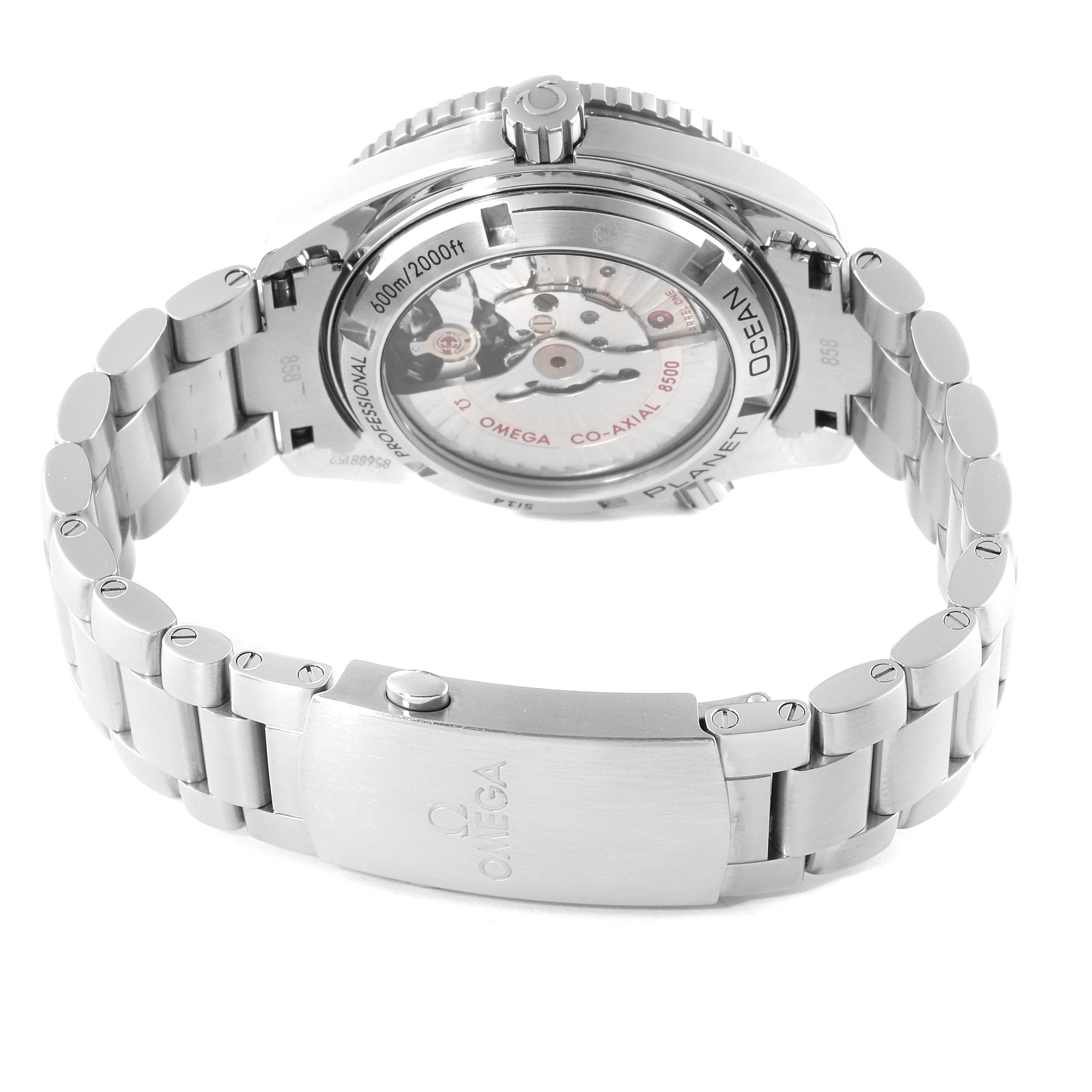 The image shows the back of the Omega Planet Ocean 232.30.42.21.01.002 Men's Stainless Steel Black Dial 232.30.42.21.01.002 Men's Stainless Steel Black Dial watch highlighting the bracelet, clasp, and transparent case back.