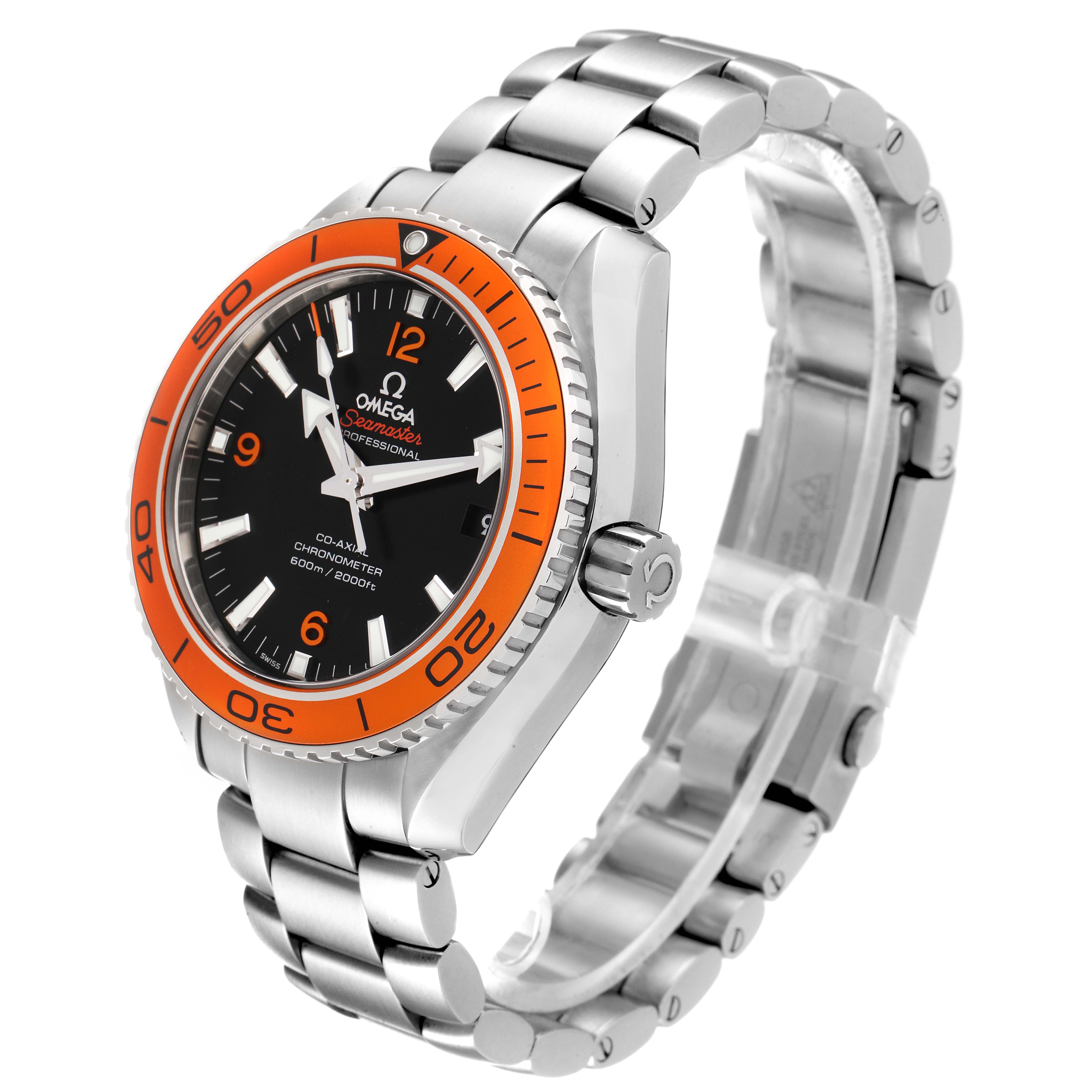 The Omega Planet Ocean 232.30.42.21.01.002 Men's Stainless Steel Black Dial 232.30.42.21.01.002 Men's Stainless Steel Black Dial watch is shown from an angled side view, displaying its orange bezel, black dial, and stainless steel bracelet.