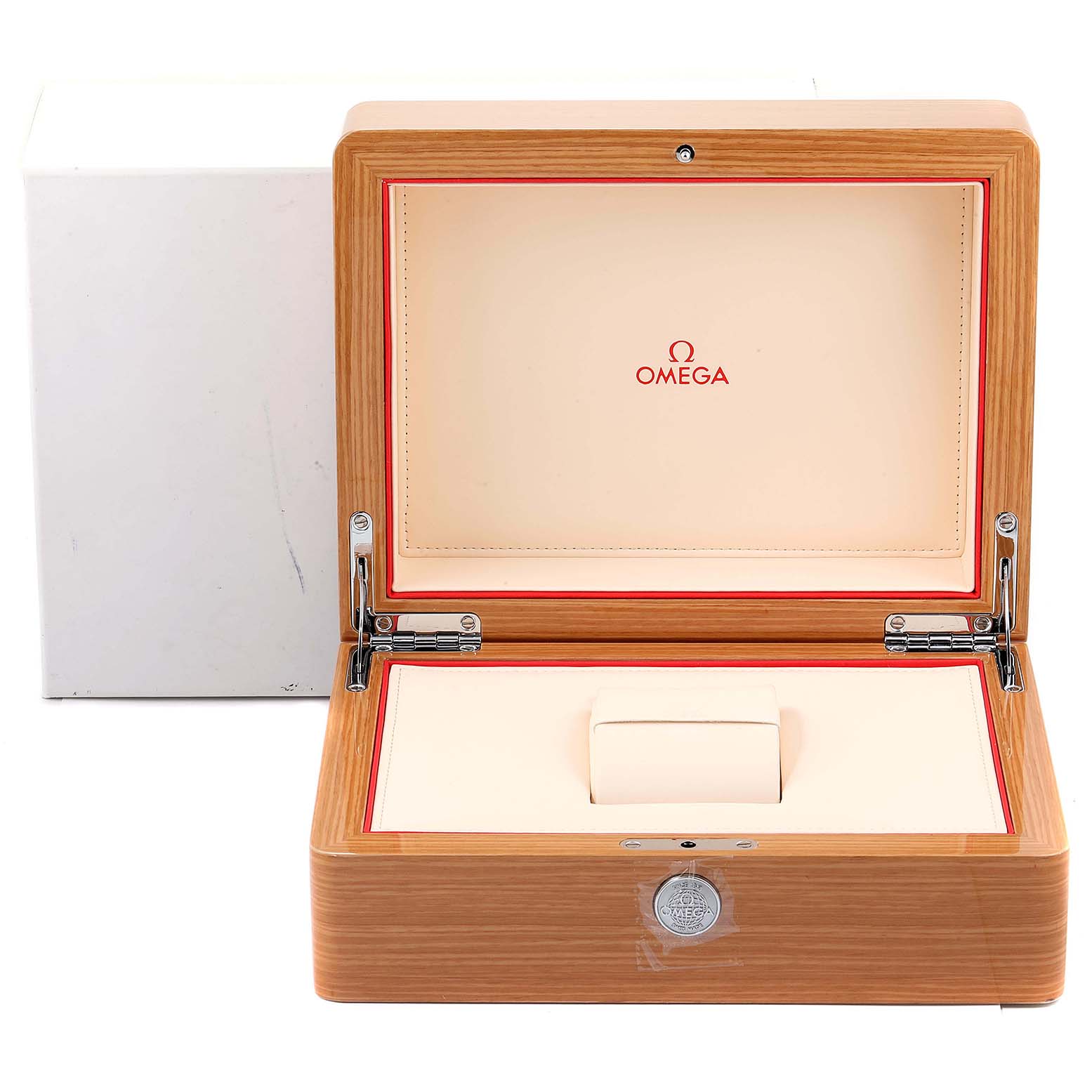 The image shows an open Omega Planet Ocean 232.30.42.21.01.003 Men
s Stainless Steel Black Dial 232.30.42.21.01.003 Men
s Stainless Steel Black Dial watch box, displaying its interior with beige and red accents.