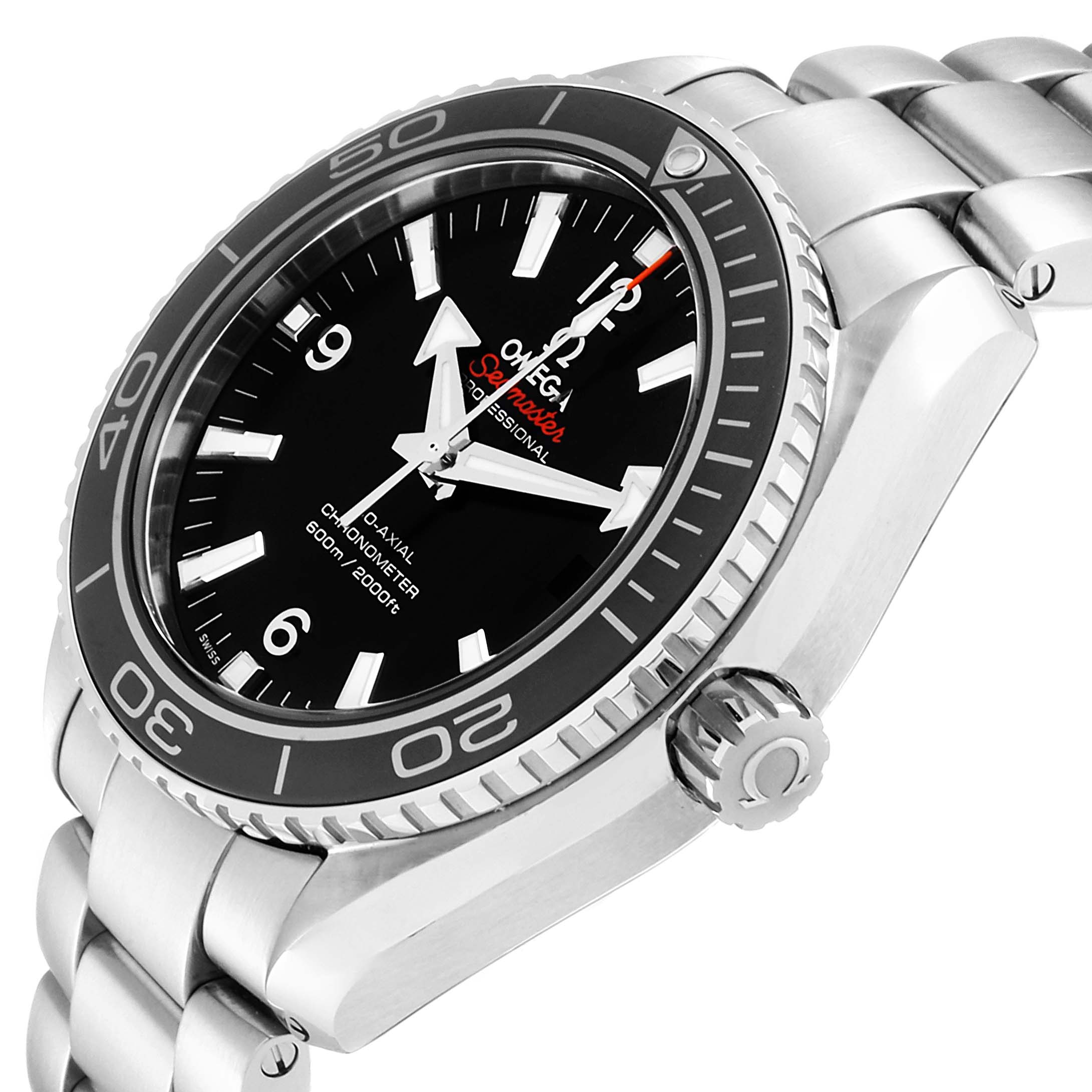 The image shows a side angle of the Omega Planet Ocean 232.30.42.21.01.003 Men
s Stainless Steel Black Dial 232.30.42.21.01.003 Men
s Stainless Steel Black Dial watch, highlighting the face, crown, and bracelet.
