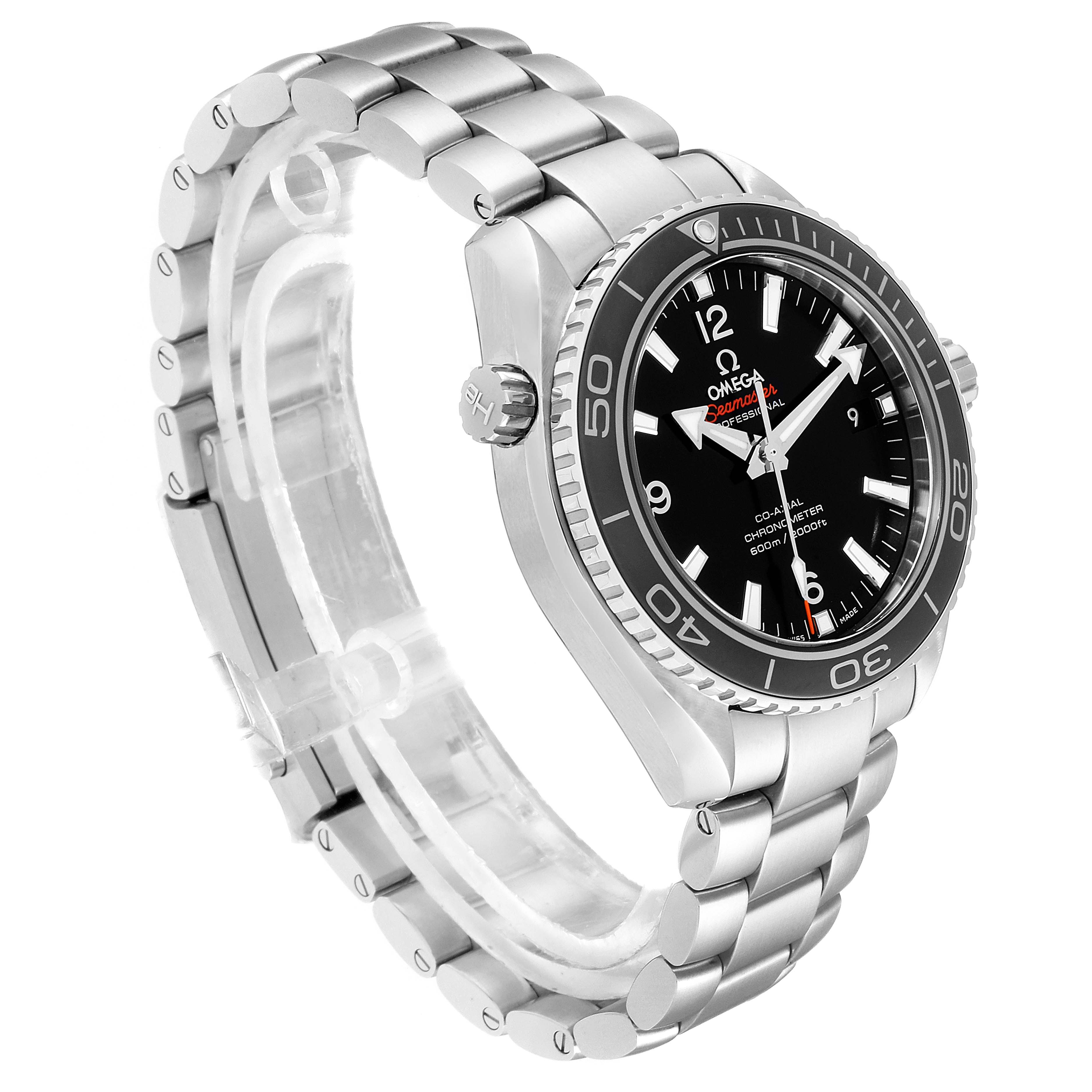 This image shows an Omega Planet Ocean 232.30.42.21.01.003 Men
s Stainless Steel Black Dial 232.30.42.21.01.003 Men
s Stainless Steel Black Dial watch from a three-quarter angle, highlighting the stainless steel bracelet and bezel.