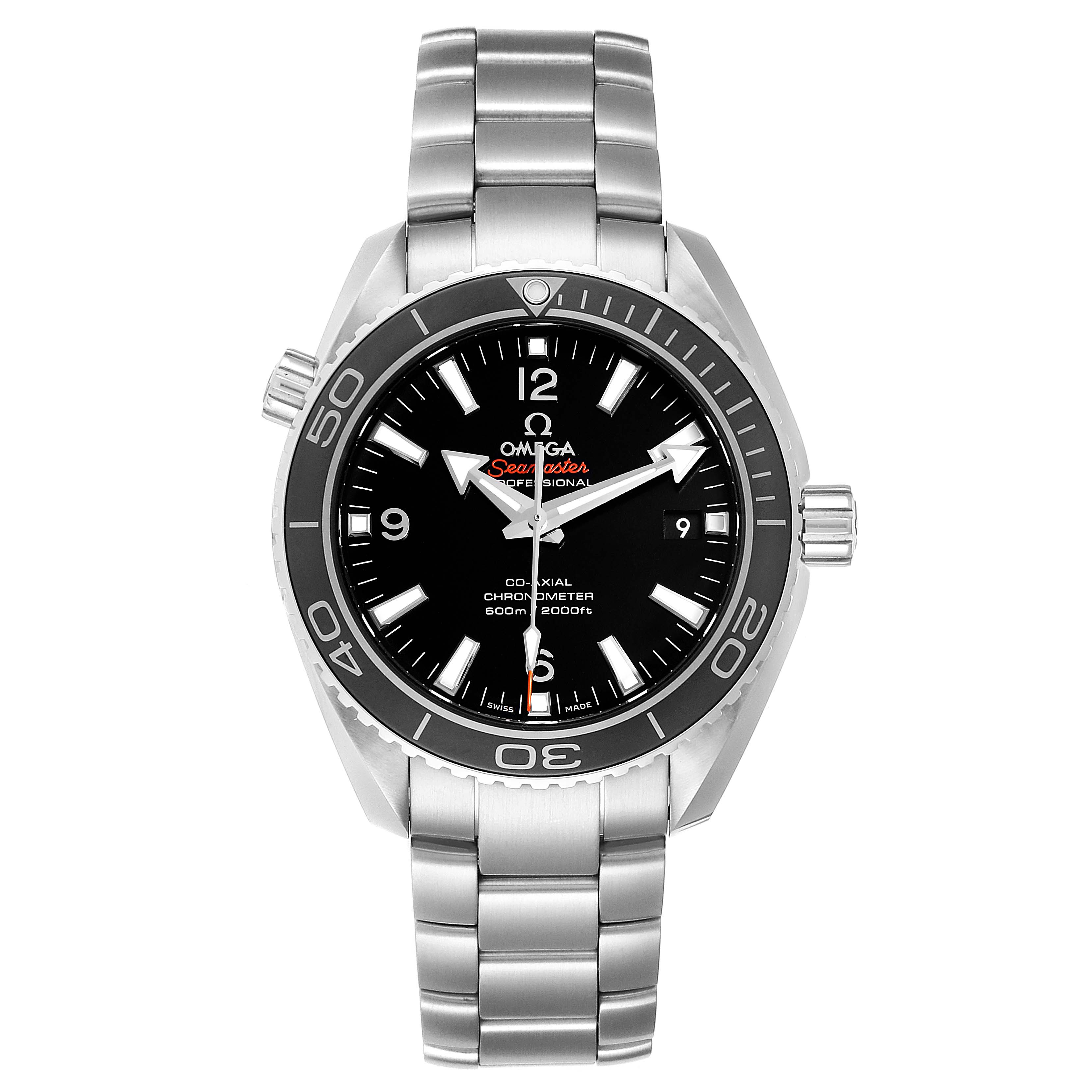 The image shows a front view of the Omega Planet Ocean 232.30.42.21.01.003 Men
s Stainless Steel Black Dial 232.30.42.21.01.003 Men
s Stainless Steel Black Dial watch with its black dial, stainless steel case, and bracelet.