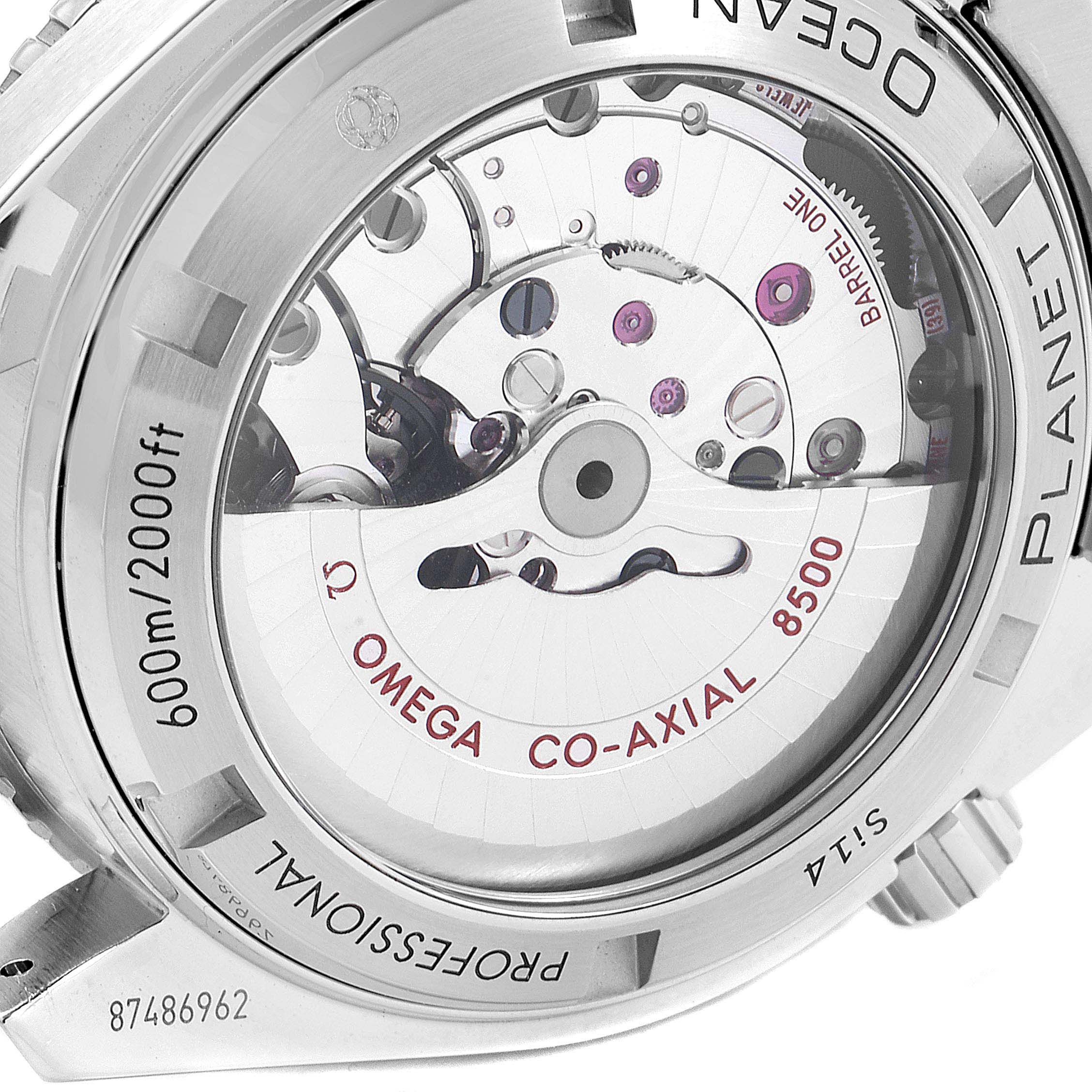 The image shows the back of the Omega Planet Ocean 232.30.42.21.01.003 Men
s Stainless Steel Black Dial 232.30.42.21.01.003 Men
s Stainless Steel Black Dial watch, highlighting its movement and Co-Axial 8500 mechanism.