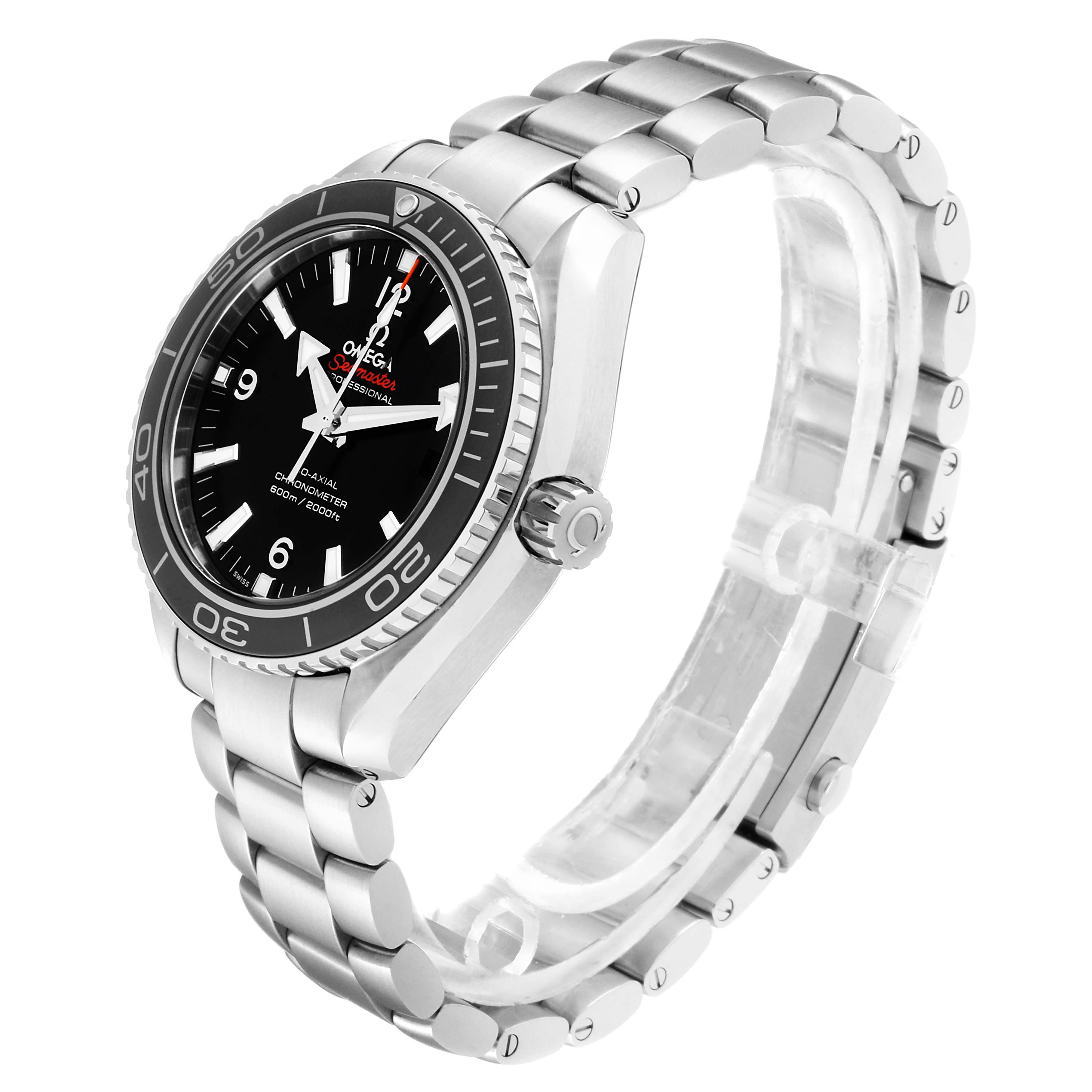 The image shows a side and front angle view of an Omega Planet Ocean 232.30.42.21.01.003 Men
s Stainless Steel Black Dial 232.30.42.21.01.003 Men
s Stainless Steel Black Dial watch, highlighting the dial, bezel, crown, and bracelet.