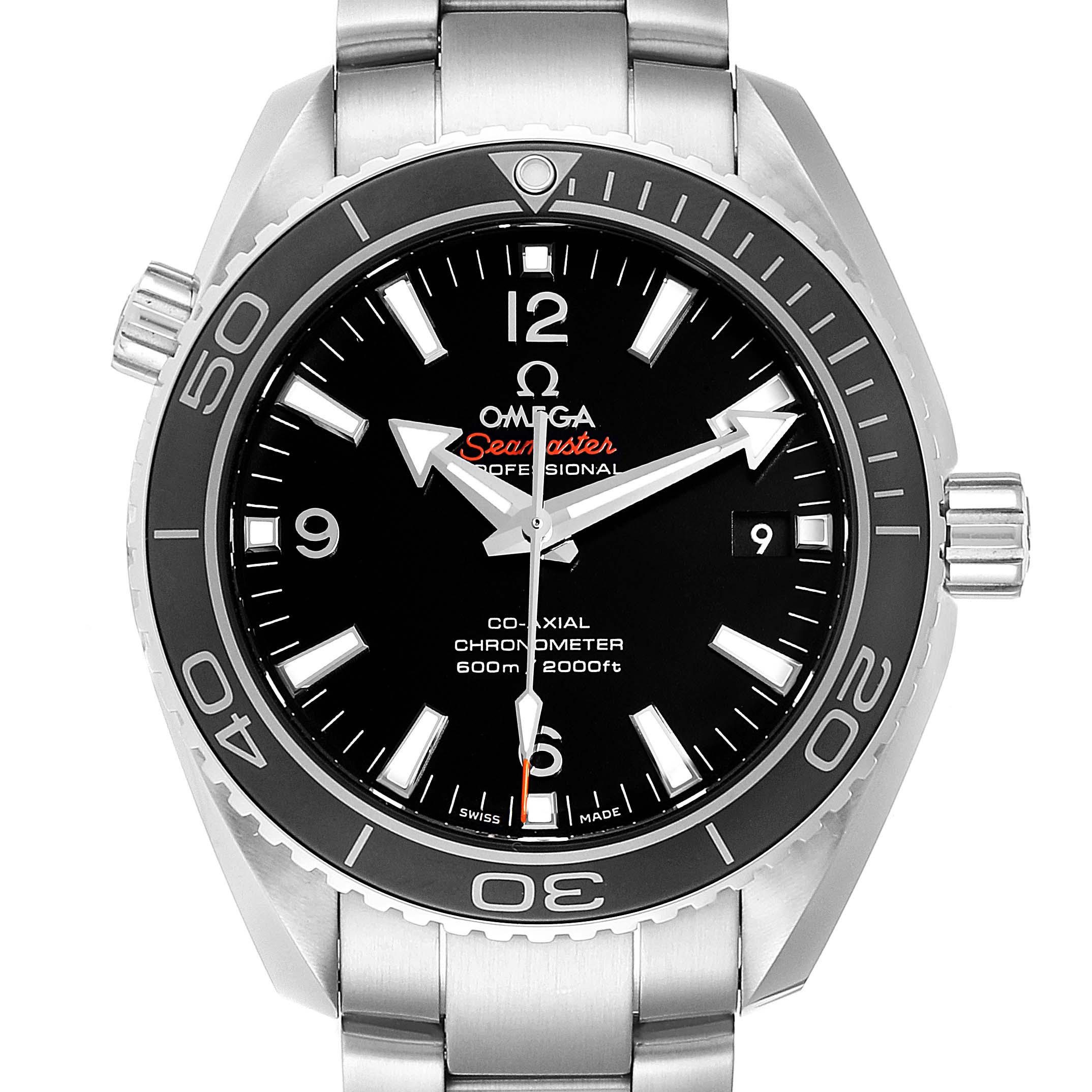 This image shows a front view of the Omega Planet Ocean 232.30.42.21.01.003 Men
s Stainless Steel Black Dial 232.30.42.21.01.003 Men
s Stainless Steel Black Dial Seamaster watch, highlighting the dial, bezel, bracelet, and crown.