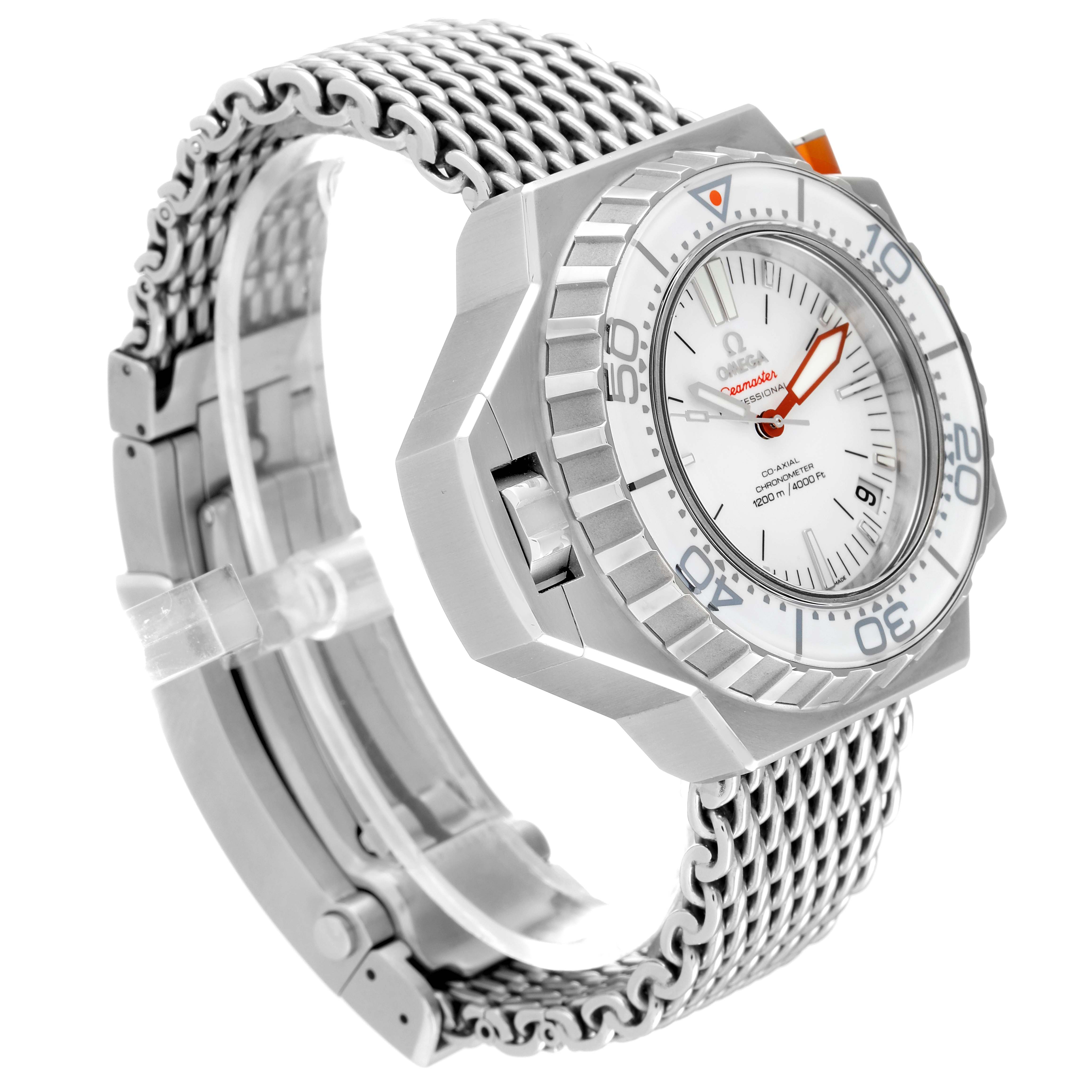 This image shows a side angle of the Omega Ploprof 224.30.55.21.04.001 Men's Stainless Steel White Dial 224.30.55.21.04.001 Men's Stainless Steel White Dial watch, highlighting its bezel, dial, and metal bracelet.