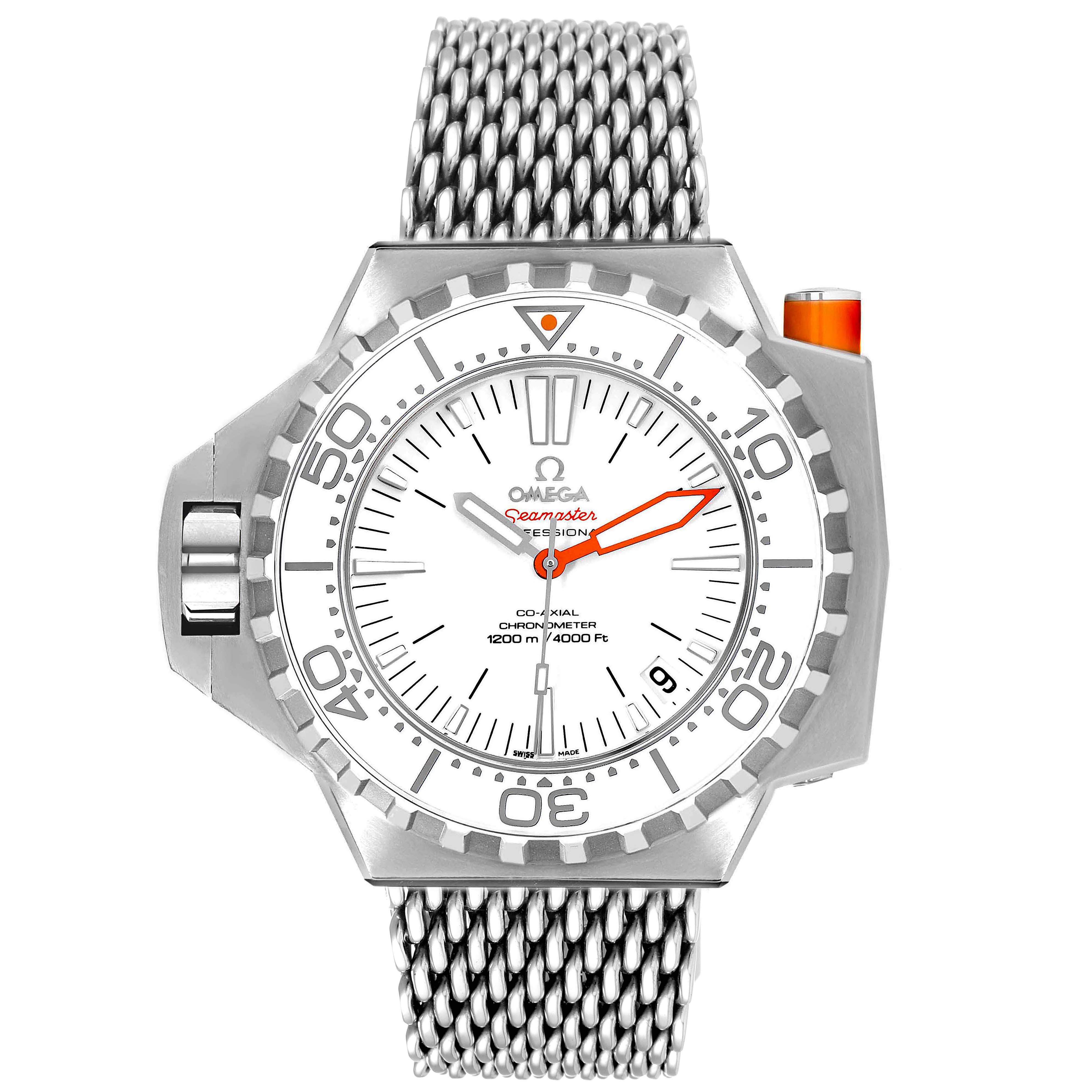 This is a front view of the Omega Seamaster Ploprof watch, showing the dial, bezel, mesh bracelet, and crown.