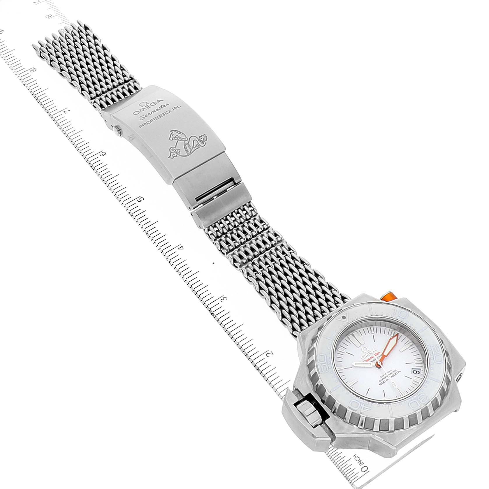 The image shows a Ploprof model by Omega from a top-down angle, displaying the watch face, bezel, and mesh bracelet with its clasp.