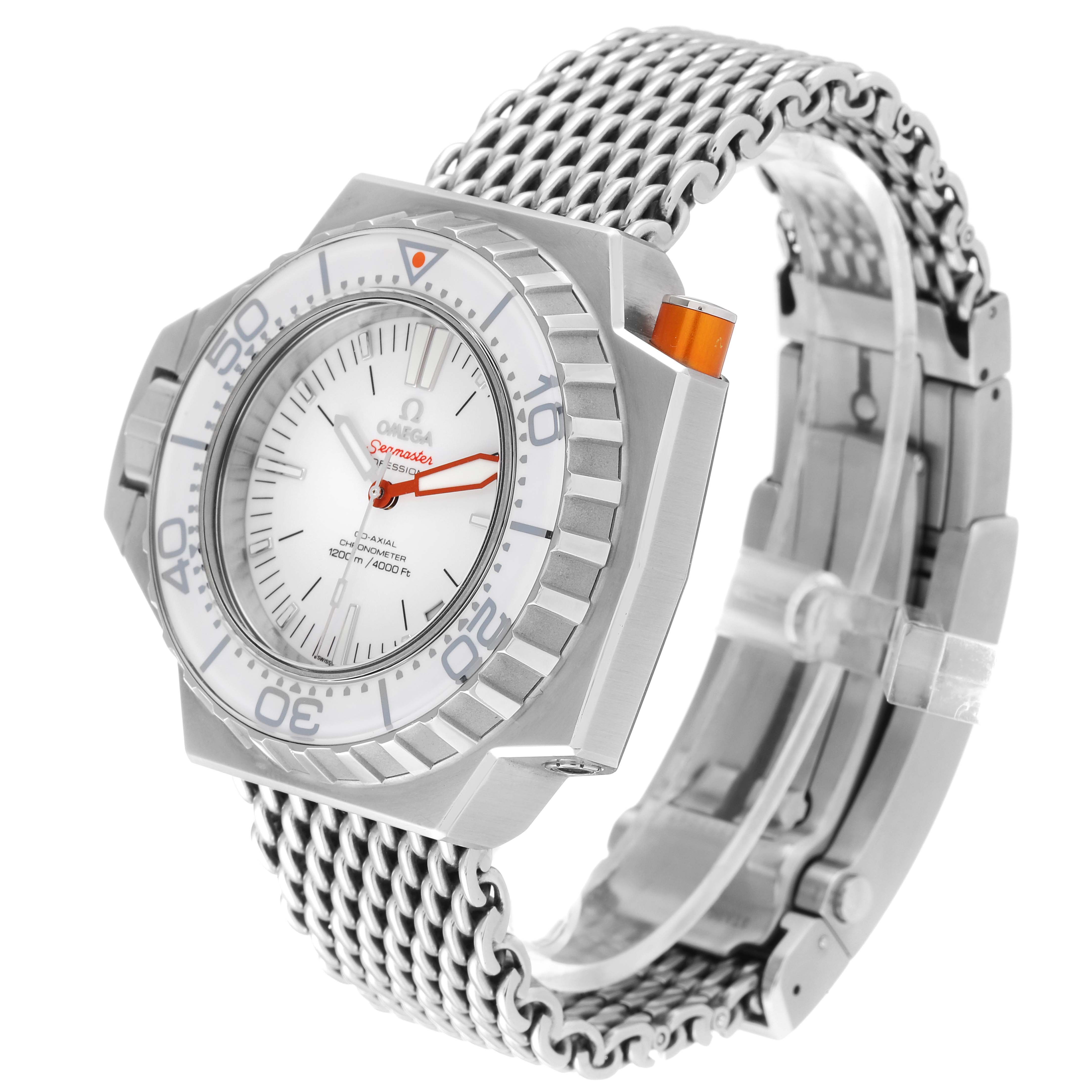 The image shows an angled view of the Omega Ploprof 224.30.55.21.04.001 Men's Stainless Steel White Dial 224.30.55.21.04.001 Men's Stainless Steel White Dial watch, displaying the face, prominent bezel, and metal bracelet.