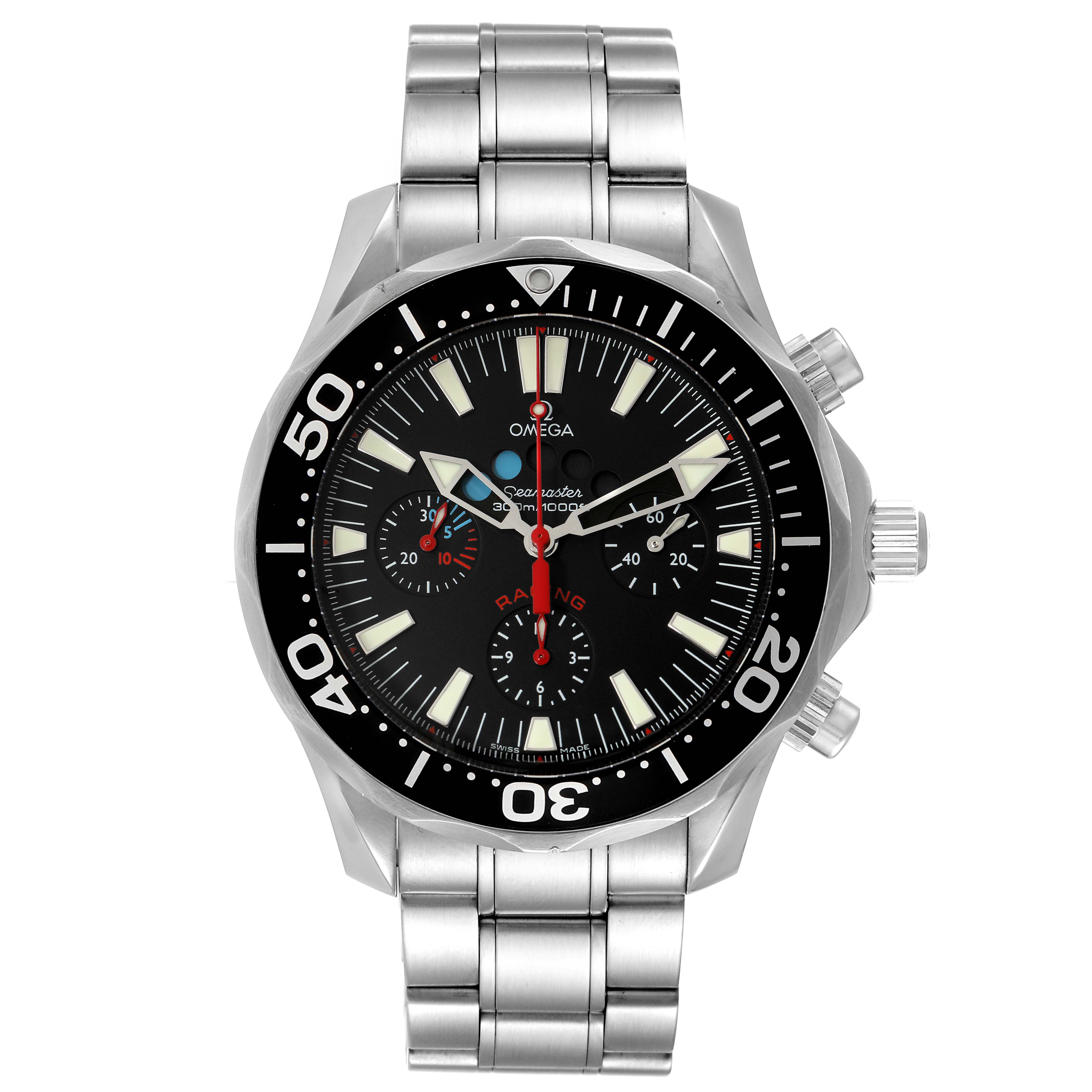 The image shows a front view of the Omega Seamaster 2569.52.00 Men's Stainless Steel Black Dial 2569.52.00 Men's Stainless Steel Black Dial watch, highlighting its dial, bezel, and stainless steel bracelet.