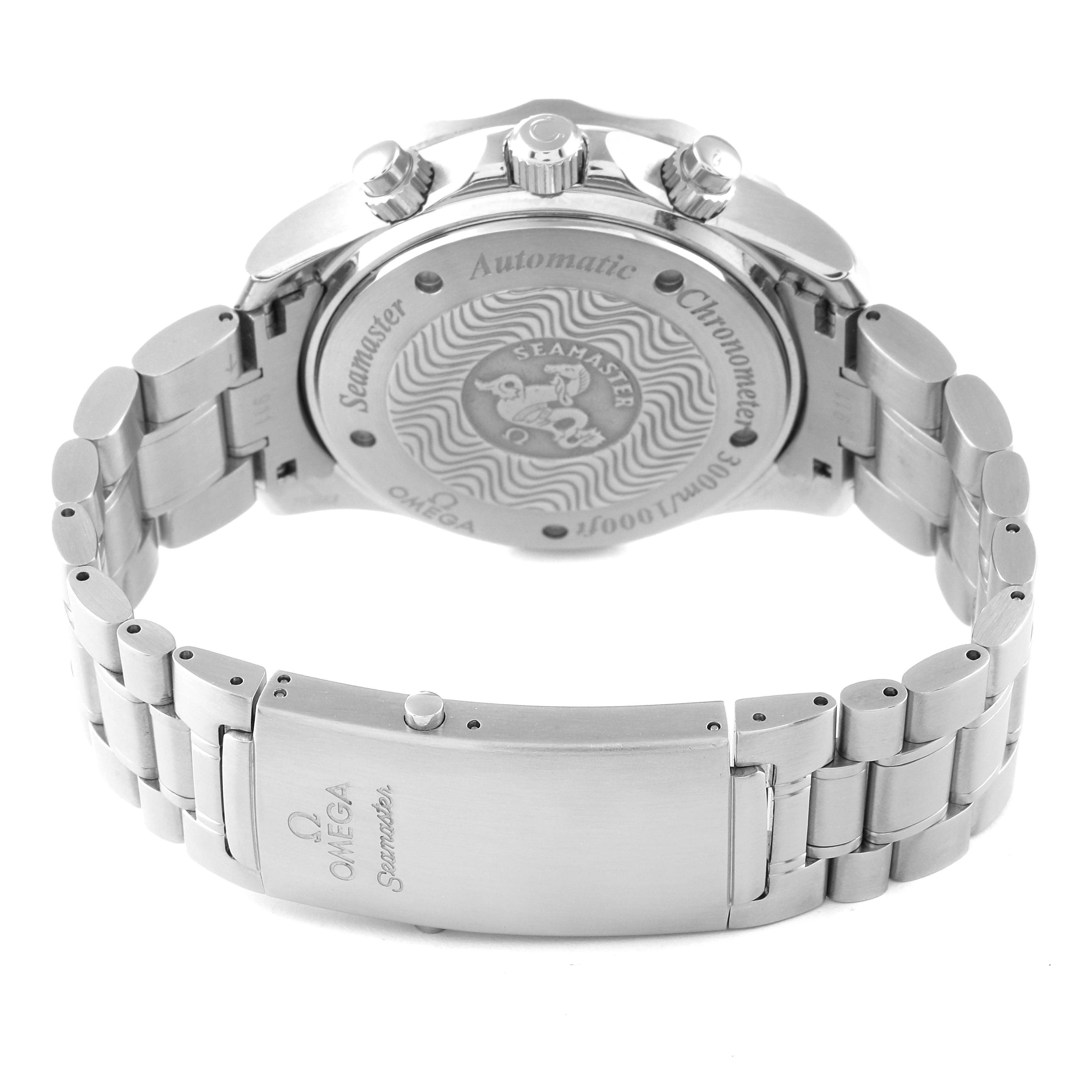 The image shows the back view of an Omega Seamaster 2569.52.00 Men's Stainless Steel Black Dial 2569.52.00 Men's Stainless Steel Black Dial watch, highlighting the case back, bracelet, and clasp.