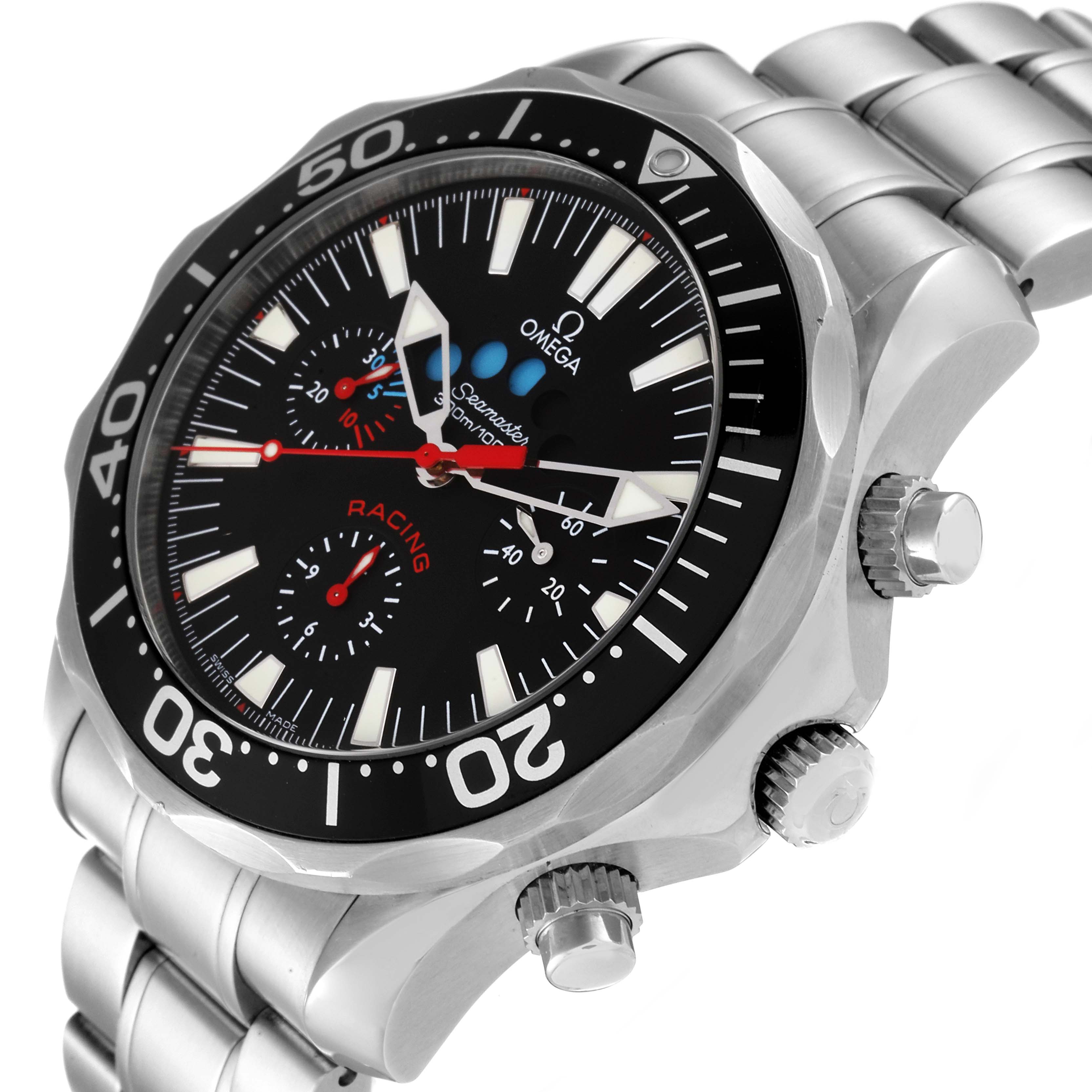 This image shows an Omega Seamaster 2569.52.00 Men's Stainless Steel Black Dial 2569.52.00 Men's Stainless Steel Black Dial watch at a slight angle, displaying the face, bezel, crown, and part of the metal bracelet.