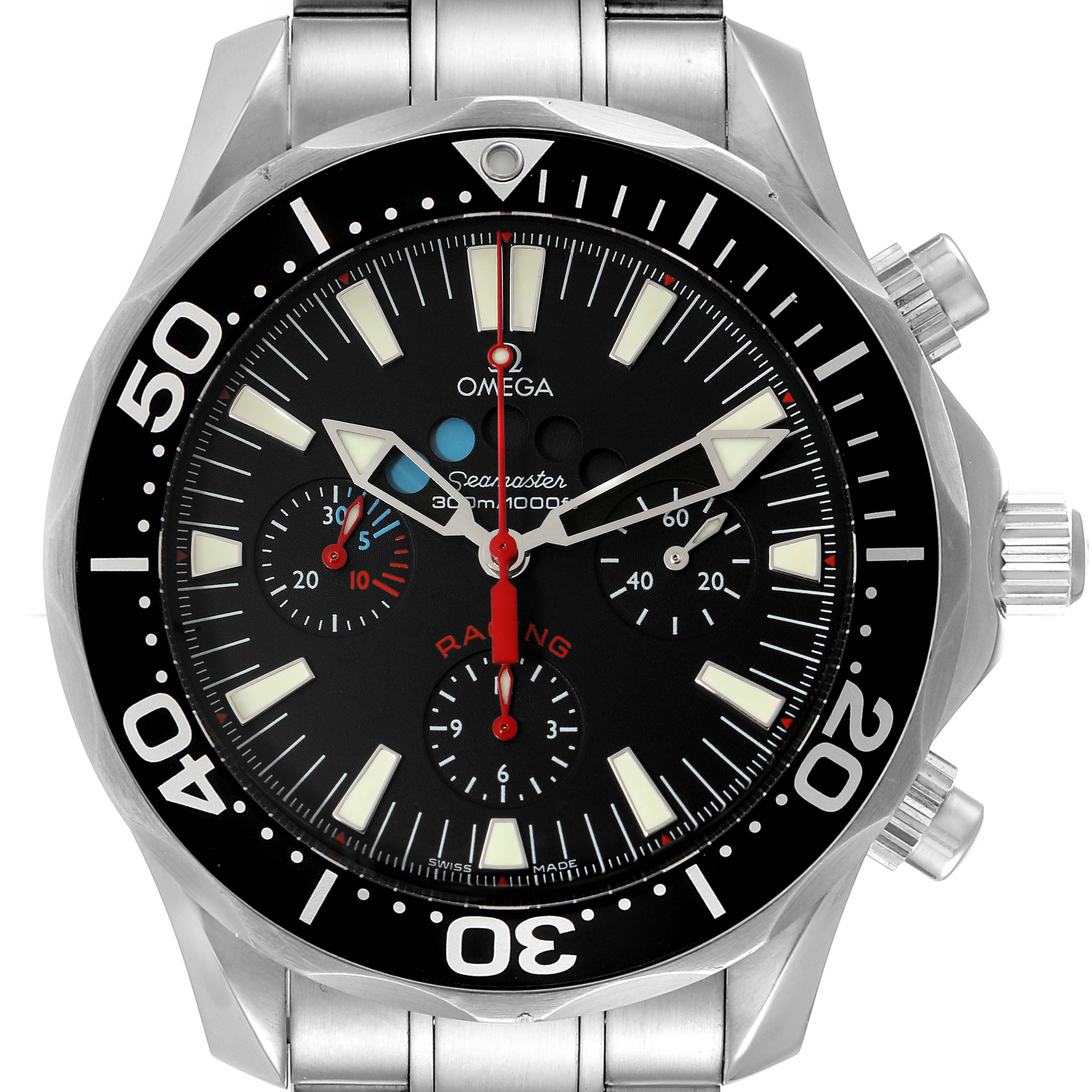 The Omega Seamaster 2569.52.00 Men's Stainless Steel Black Dial 2569.52.00 Men's Stainless Steel Black Dial watch is shown from a front angle displaying its face, bezel, and part of its metal bracelet.
