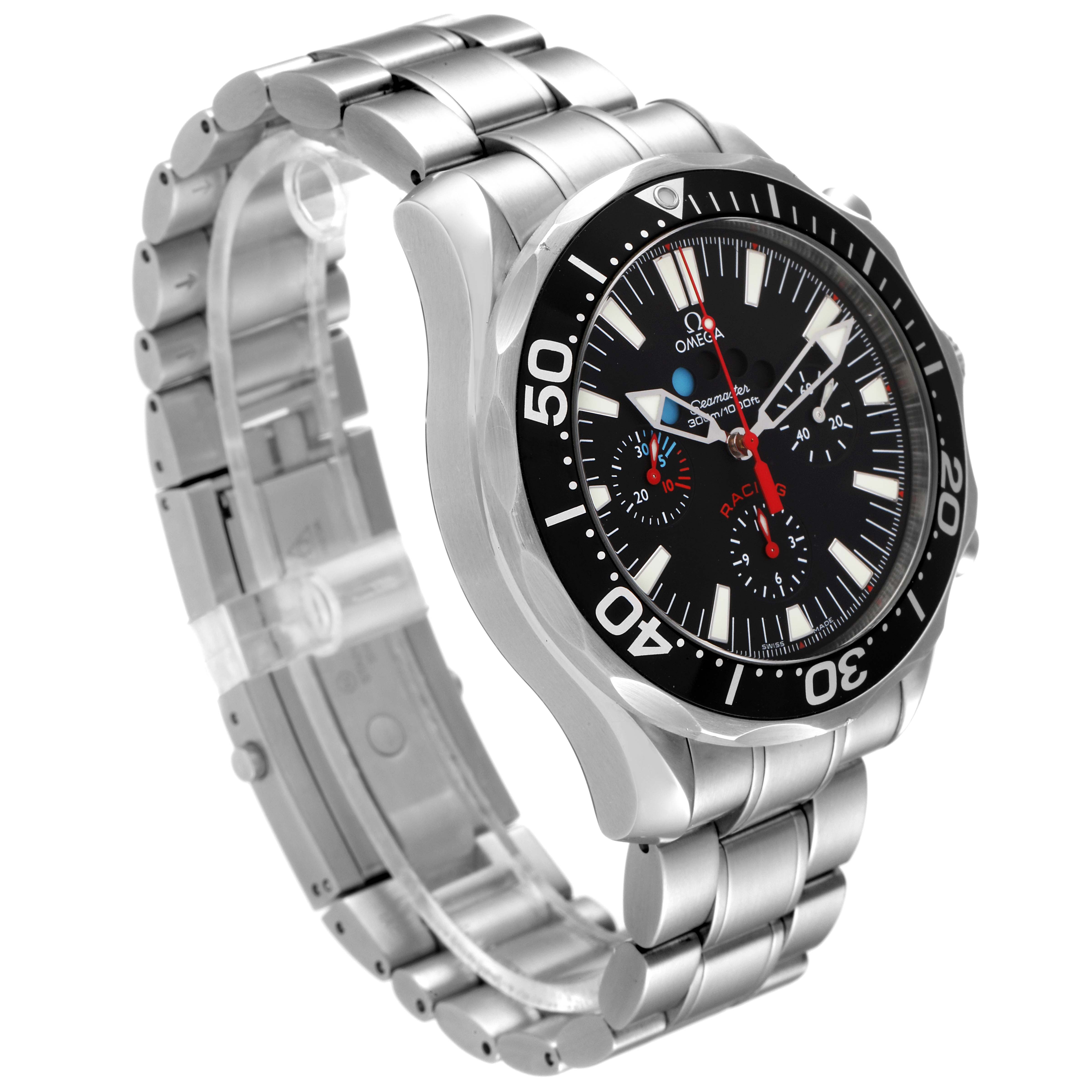 The Omega Seamaster 2569.52.00 Men's Stainless Steel Black Dial 2569.52.00 Men's Stainless Steel Black Dial watch is shown at a three-quarter angle, displaying the face, bezel, and stainless steel bracelet.