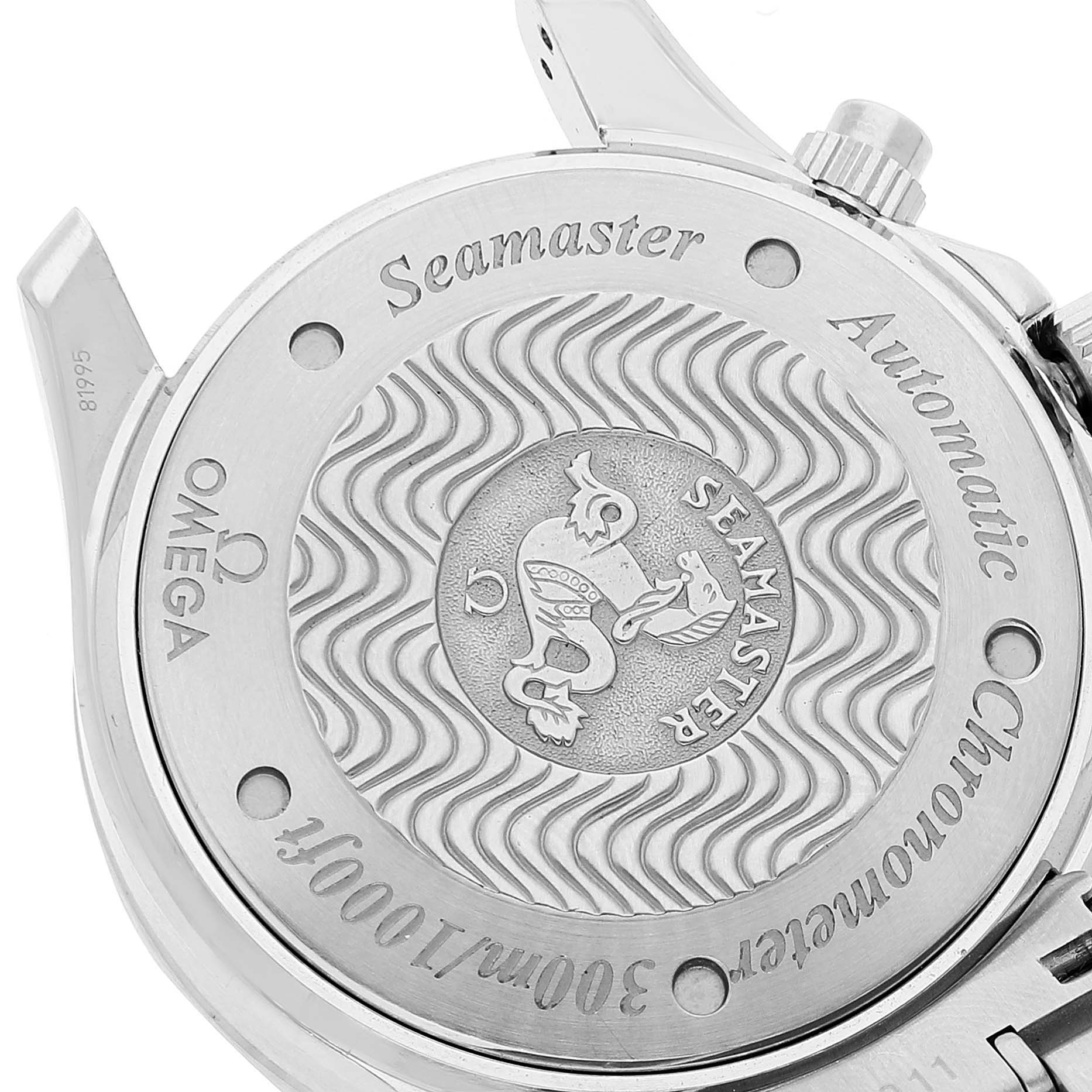 This is a close-up of the case back of an Omega Seamaster 2569.52.00 Men's Stainless Steel Black Dial 2569.52.00 Men's Stainless Steel Black Dial watch, showing the logo and engravings.