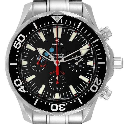 This image shows the front view of the Omega Seamaster watch, detailing its face, bezel, and chronograph dials.