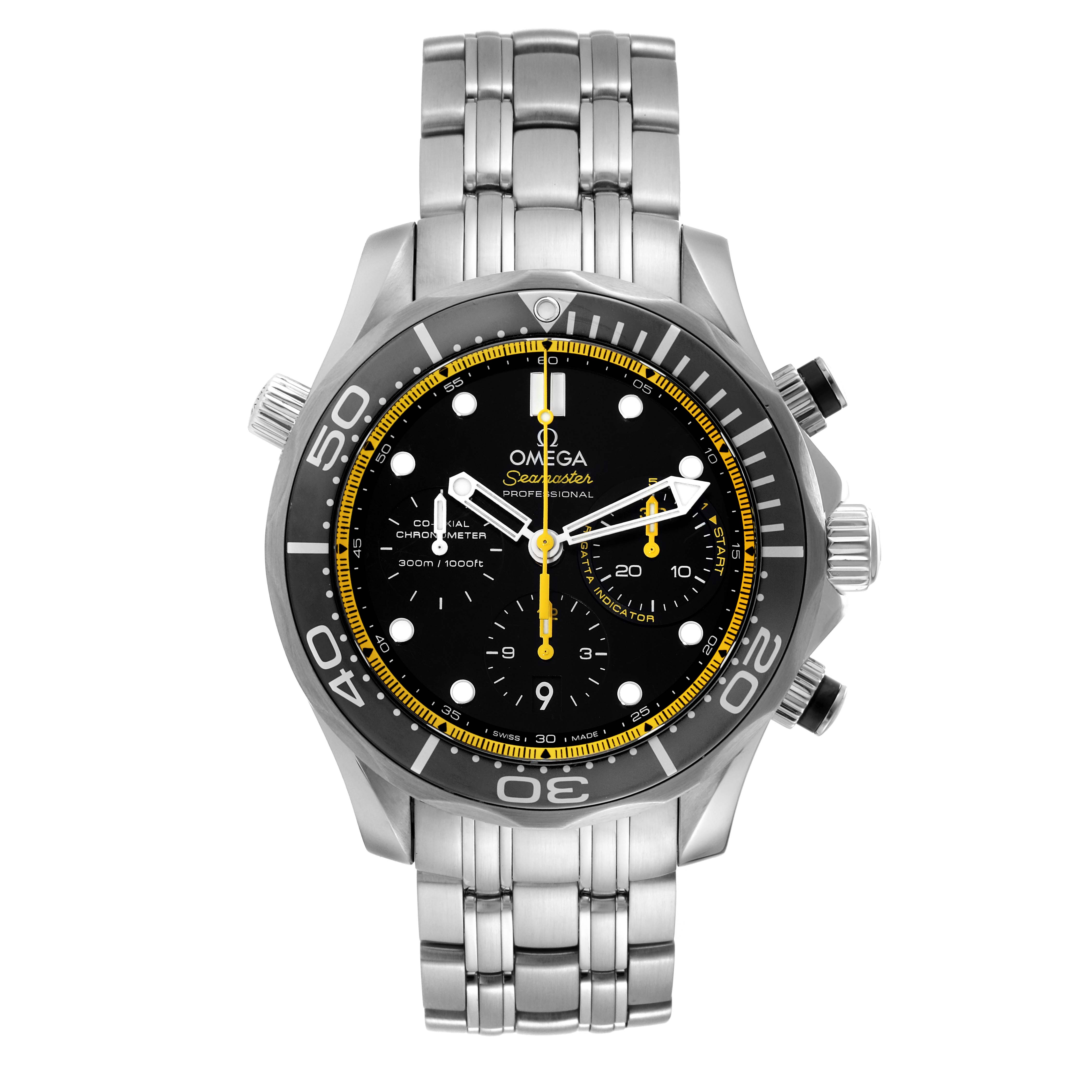 The image shows a front view of the Omega Seamaster 212.30.44.50.01.002 Men's Stainless Steel Black Dial 212.30.44.50.01.002 Men's Stainless Steel Black Dial watch, featuring its dial, bezel, and bracelet.