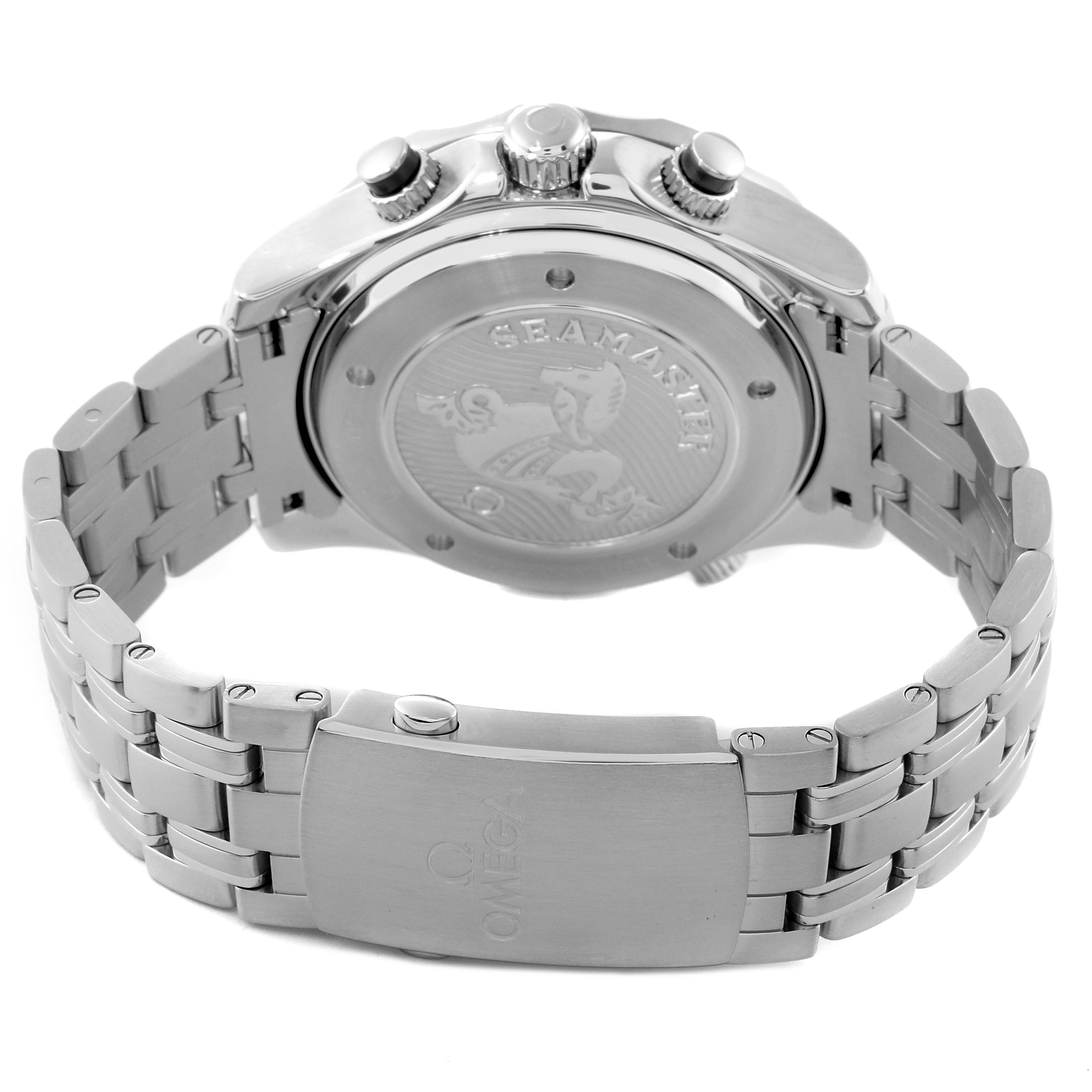 The image shows the back case, bracelet, and clasp of the Omega Seamaster 212.30.44.50.01.002 Men's Stainless Steel Black Dial 212.30.44.50.01.002 Men's Stainless Steel Black Dial watch.