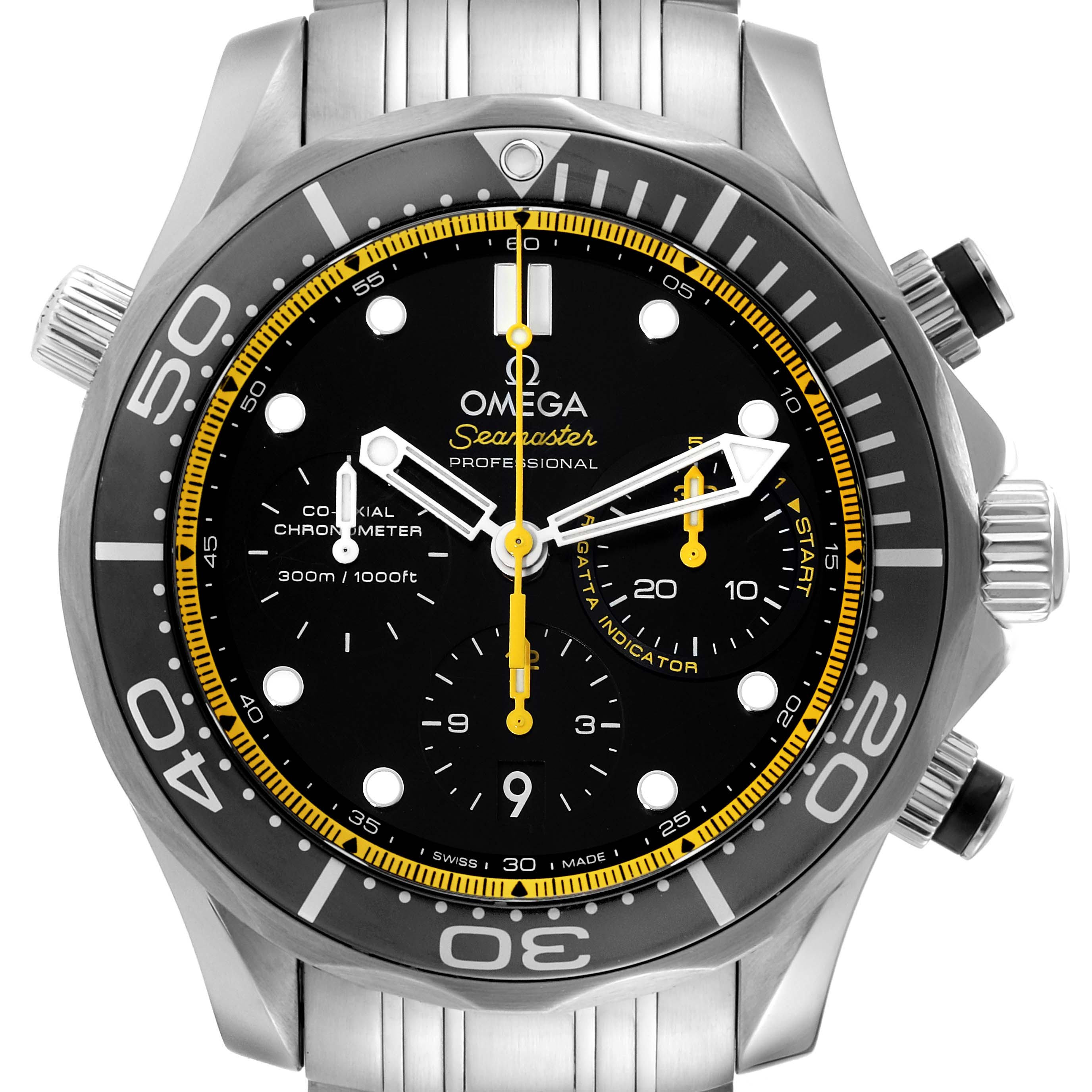 The image shows a front view of the Omega Seamaster 212.30.44.50.01.002 Men's Stainless Steel Black Dial 212.30.44.50.01.002 Men's Stainless Steel Black Dial watch, highlighting the dial, bezel, and stainless steel bracelet.