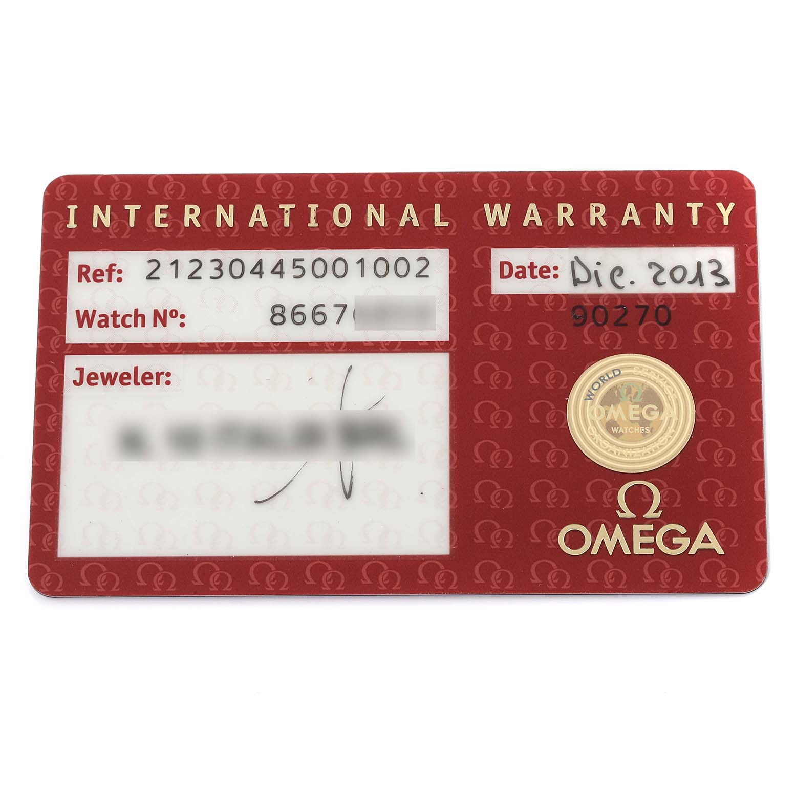 This image shows the International Warranty card for an Omega Seamaster 212.30.44.50.01.002 Men's Stainless Steel Black Dial 212.30.44.50.01.002 Men's Stainless Steel Black Dial watch, displaying reference number, watch number, date, and jeweler's information.