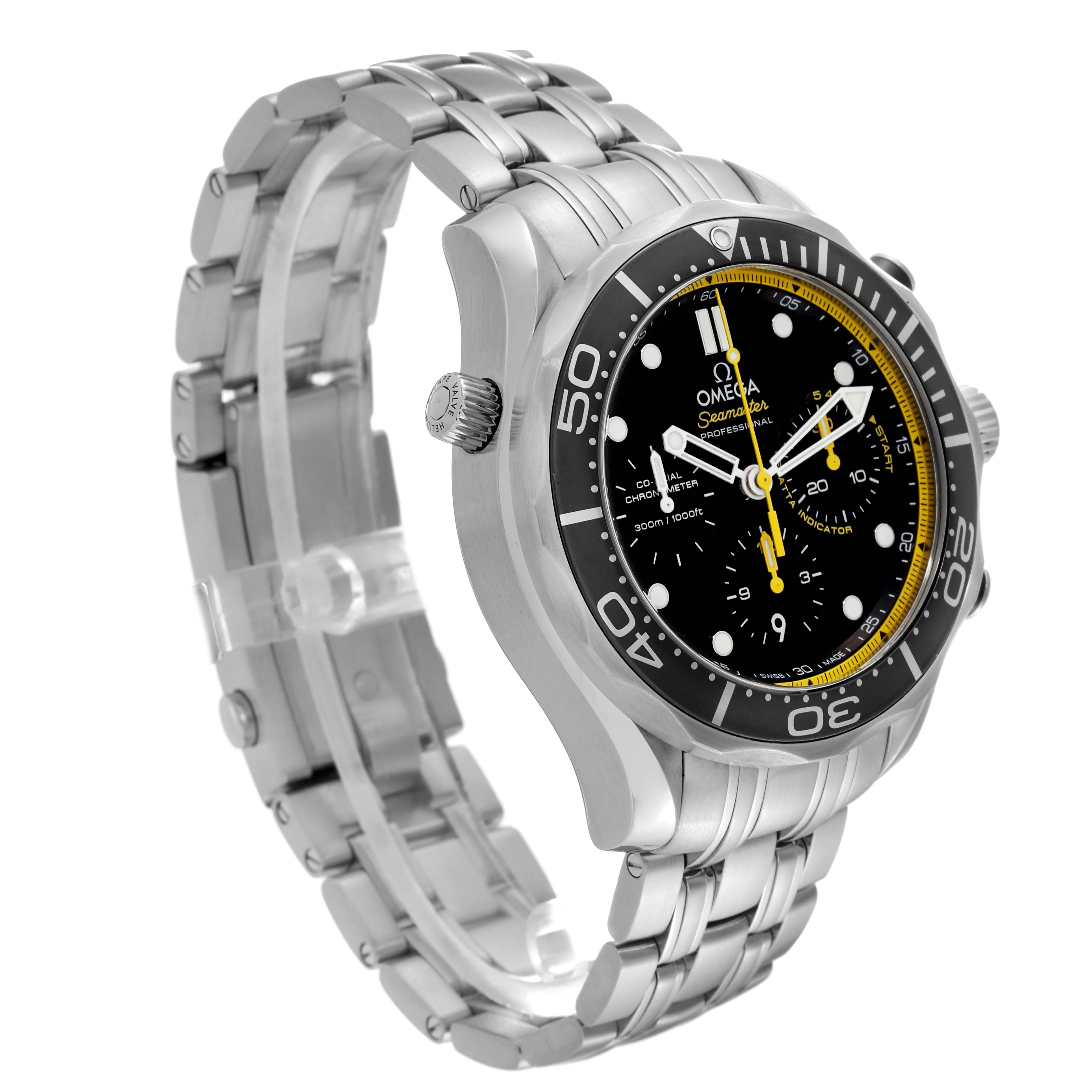 The image shows a side view of the Omega Seamaster 212.30.44.50.01.002 Men's Stainless Steel Black Dial 212.30.44.50.01.002 Men's Stainless Steel Black Dial watch, highlighting the body, bezel, dial, and stainless steel bracelet.