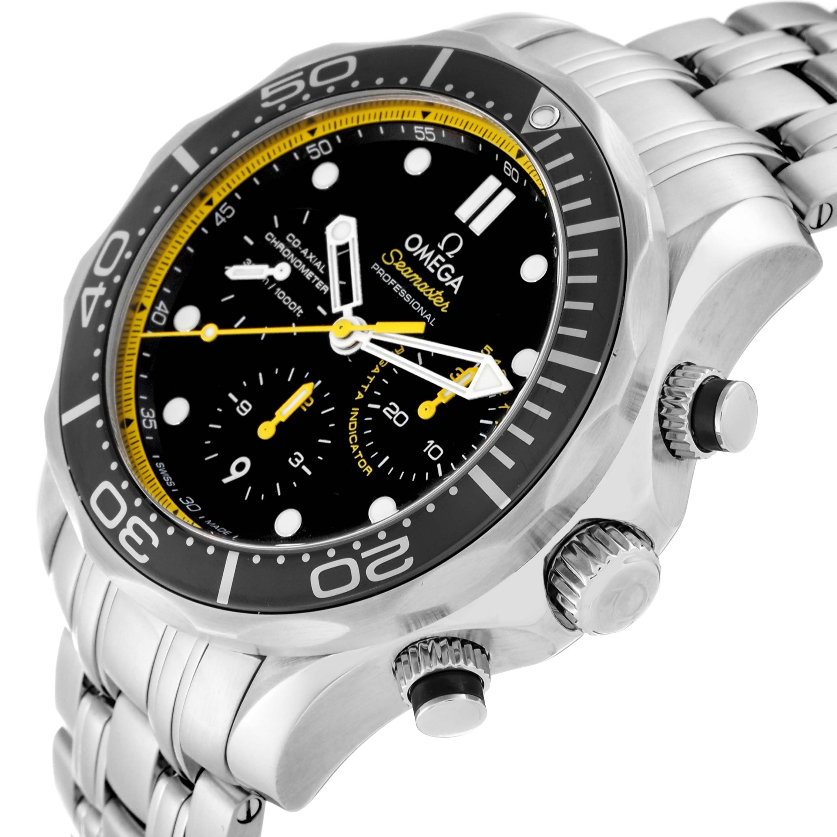 The image shows a close-up angle of the Omega Seamaster 212.30.44.50.01.002 Men's Stainless Steel Black Dial 212.30.44.50.01.002 Men's Stainless Steel Black Dial watch, highlighting the dial, bezel, and crown.