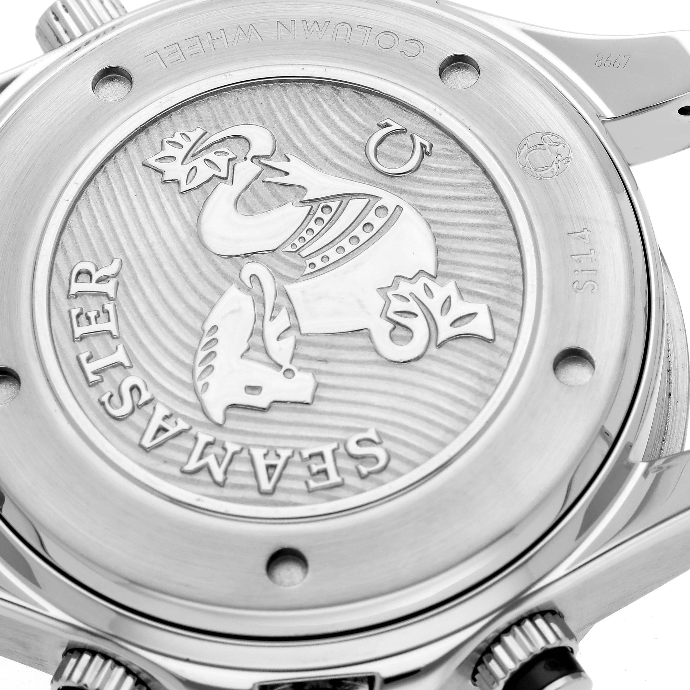 The image shows the case back of an Omega Seamaster 212.30.44.50.01.002 Men's Stainless Steel Black Dial 212.30.44.50.01.002 Men's Stainless Steel Black Dial watch, featuring engravings and the brand's emblem.