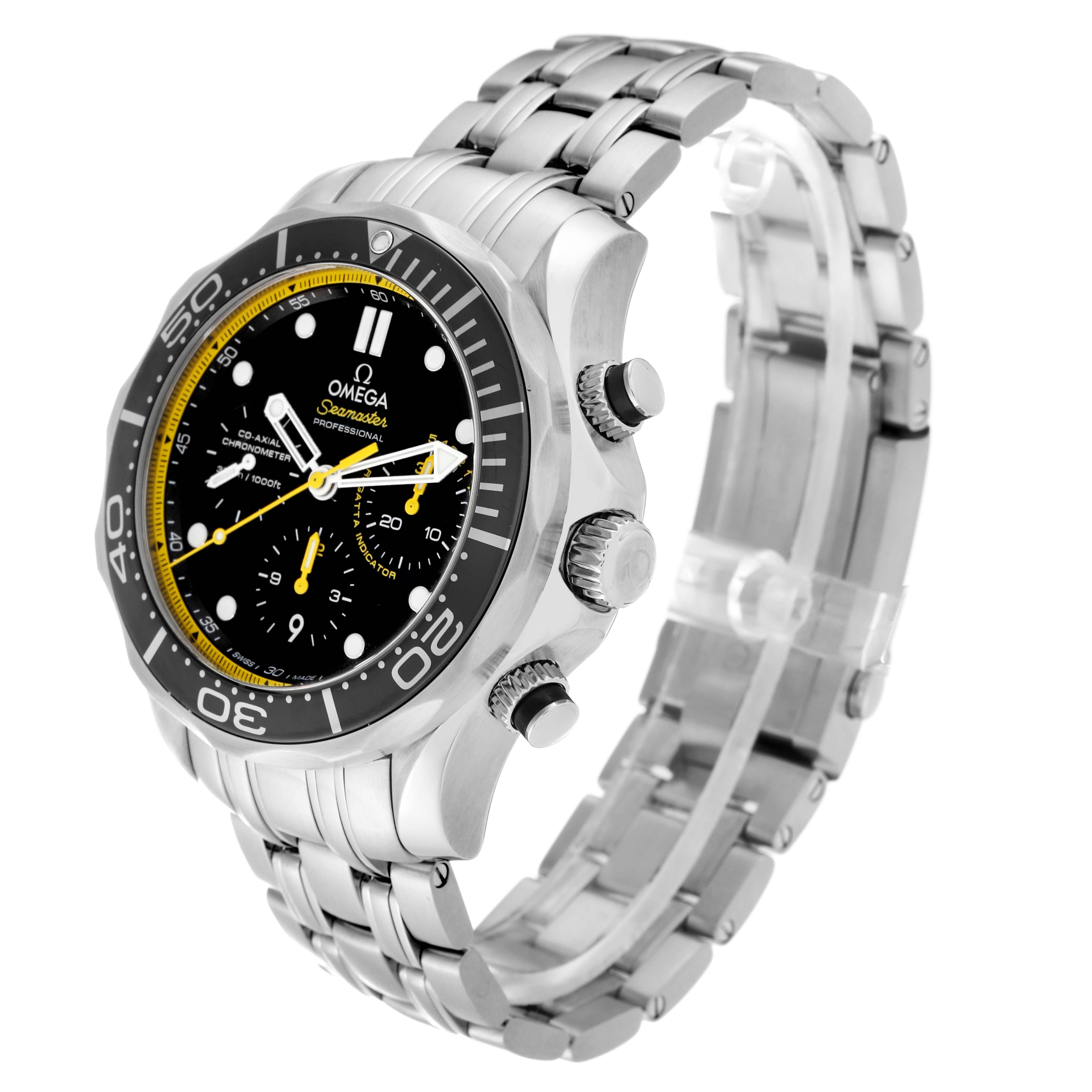 The image shows an Omega Seamaster 212.30.44.50.01.002 Men's Stainless Steel Black Dial 212.30.44.50.01.002 Men's Stainless Steel Black Dial watch from a tilted side angle, highlighting the dial, bezel, pushers, and metal bracelet band.