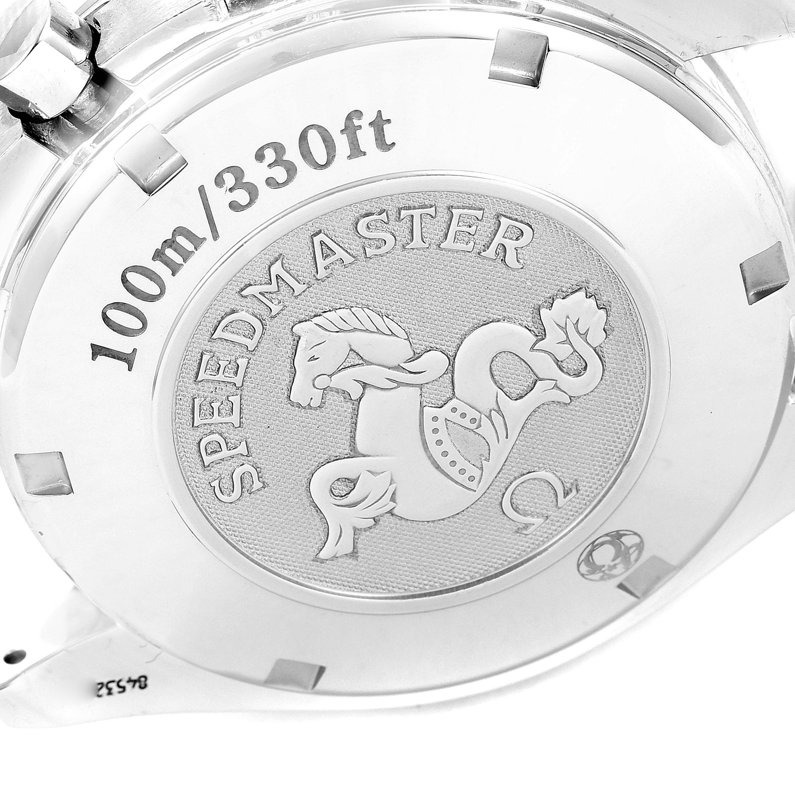 The image shows the back case of an Omega Speedmaster 3210.52.00 Men
s Stainless Steel Black Dial 3210.52.00 Men
s Stainless Steel Black Dial watch, featuring the model
s emblem and water resistance rating.