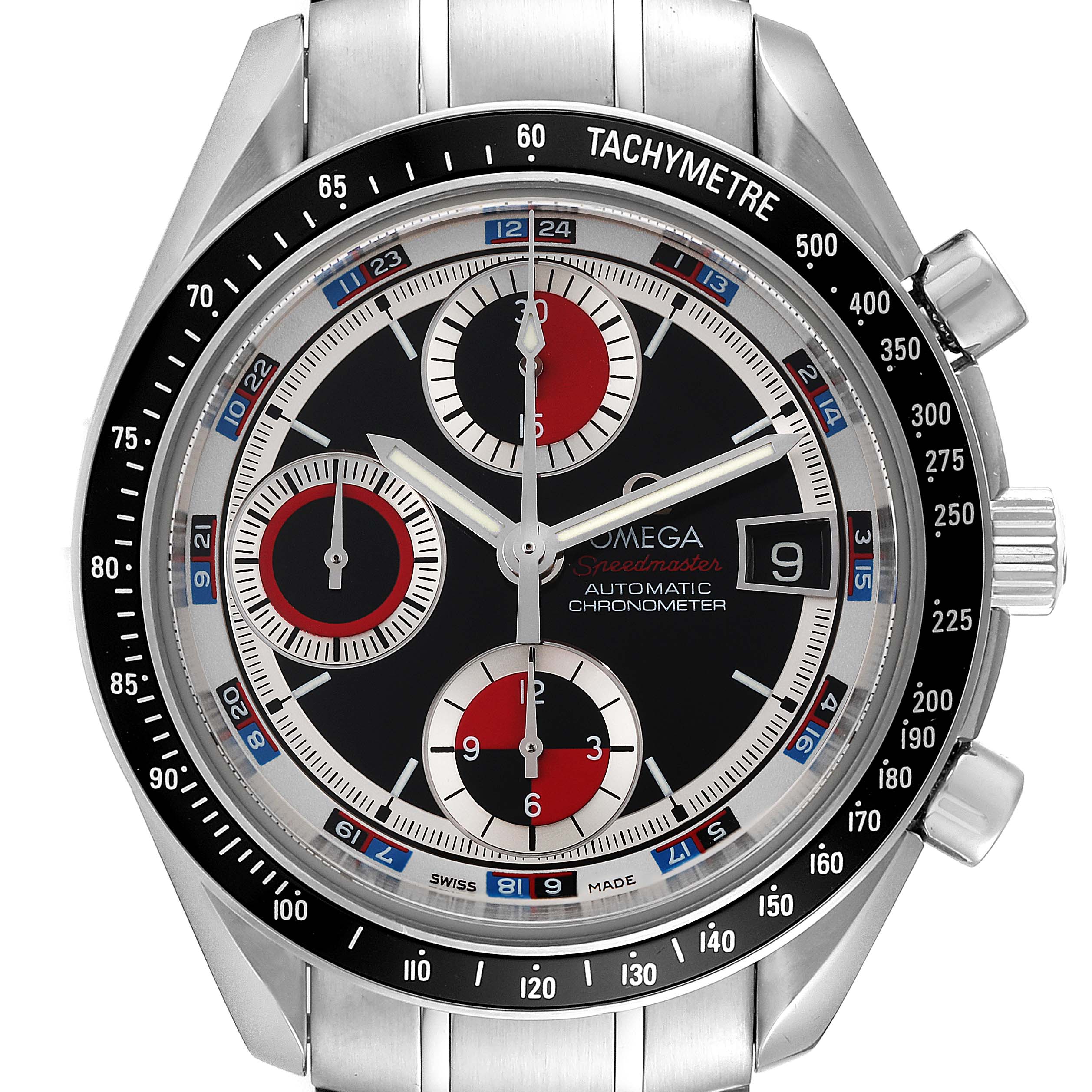 The Omega Speedmaster 3210.52.00 Men
s Stainless Steel Black Dial 3210.52.00 Men
s Stainless Steel Black Dial watch is shown from a front angle, highlighting the dial, subdials, tachymetre bezel, crown, and stainless steel bracelet.