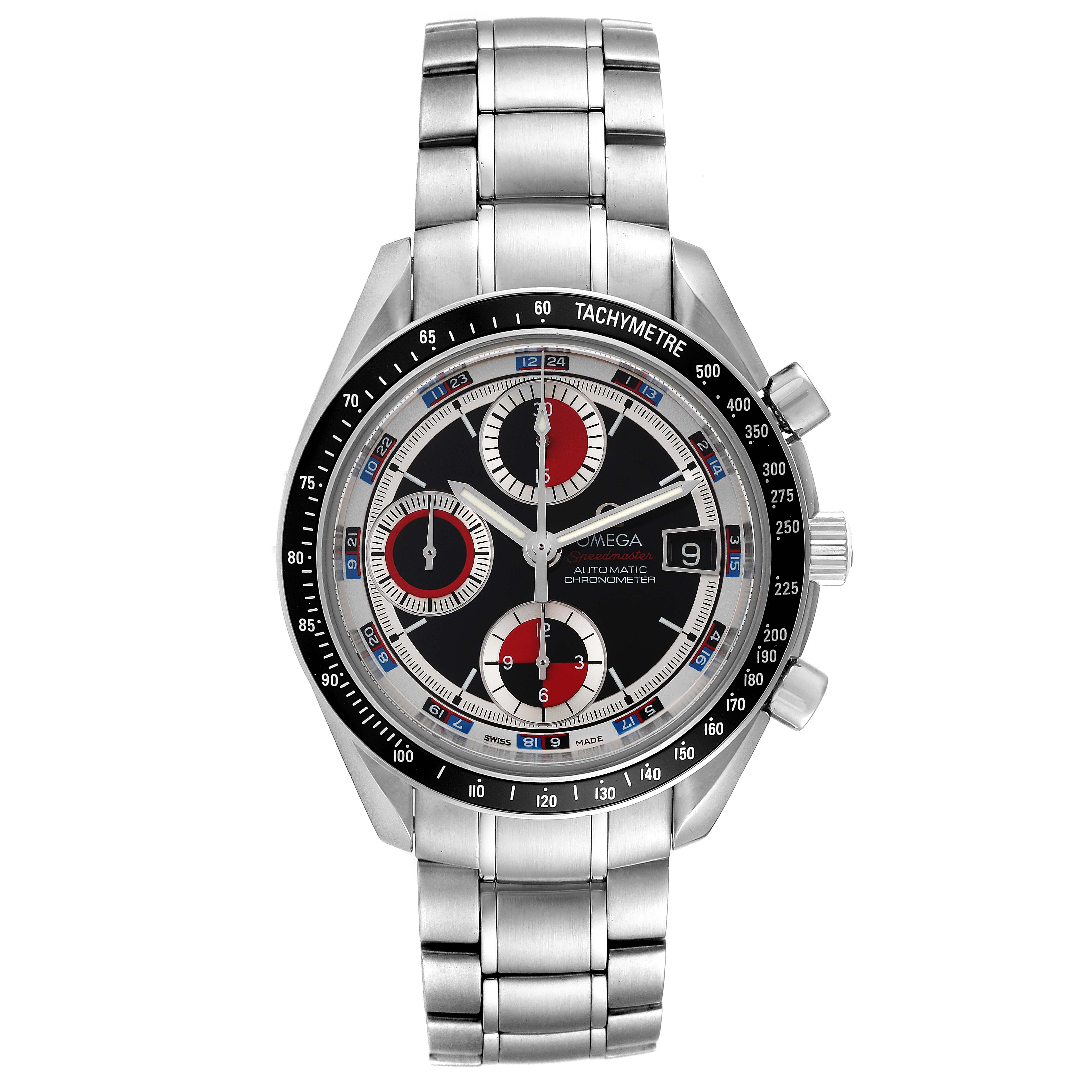 The Omega Speedmaster 3210.52.00 Men
s Stainless Steel Black Dial 3210.52.00 Men
s Stainless Steel Black Dial watch is shown from a front angle, displaying its dial, tachymeter, and stainless steel bracelet.