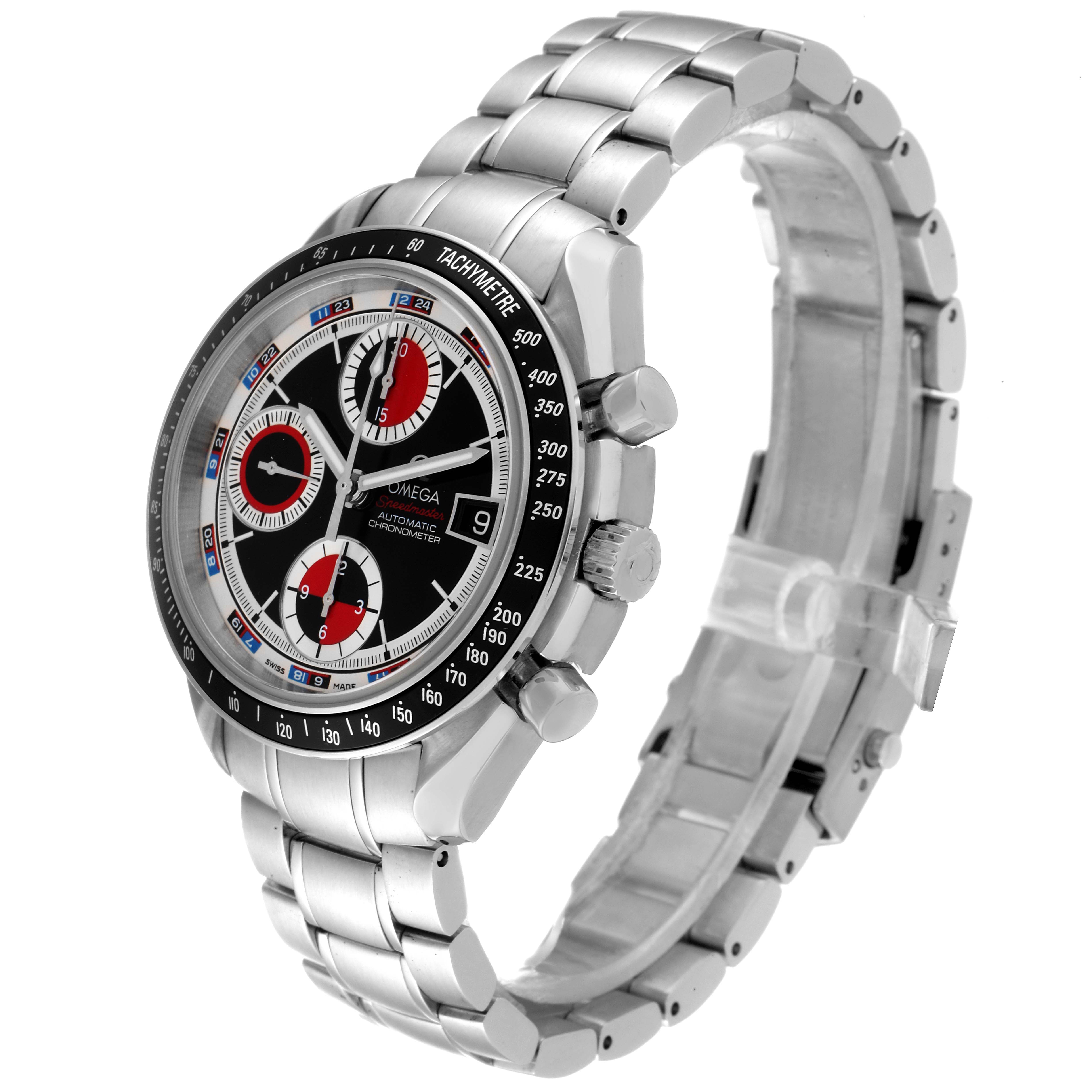 This image shows an angled side view of an Omega Speedmaster 3210.52.00 Men
s Stainless Steel Black Dial 3210.52.00 Men
s Stainless Steel Black Dial watch, highlighting its face, tachymetre, crown, and stainless steel band.