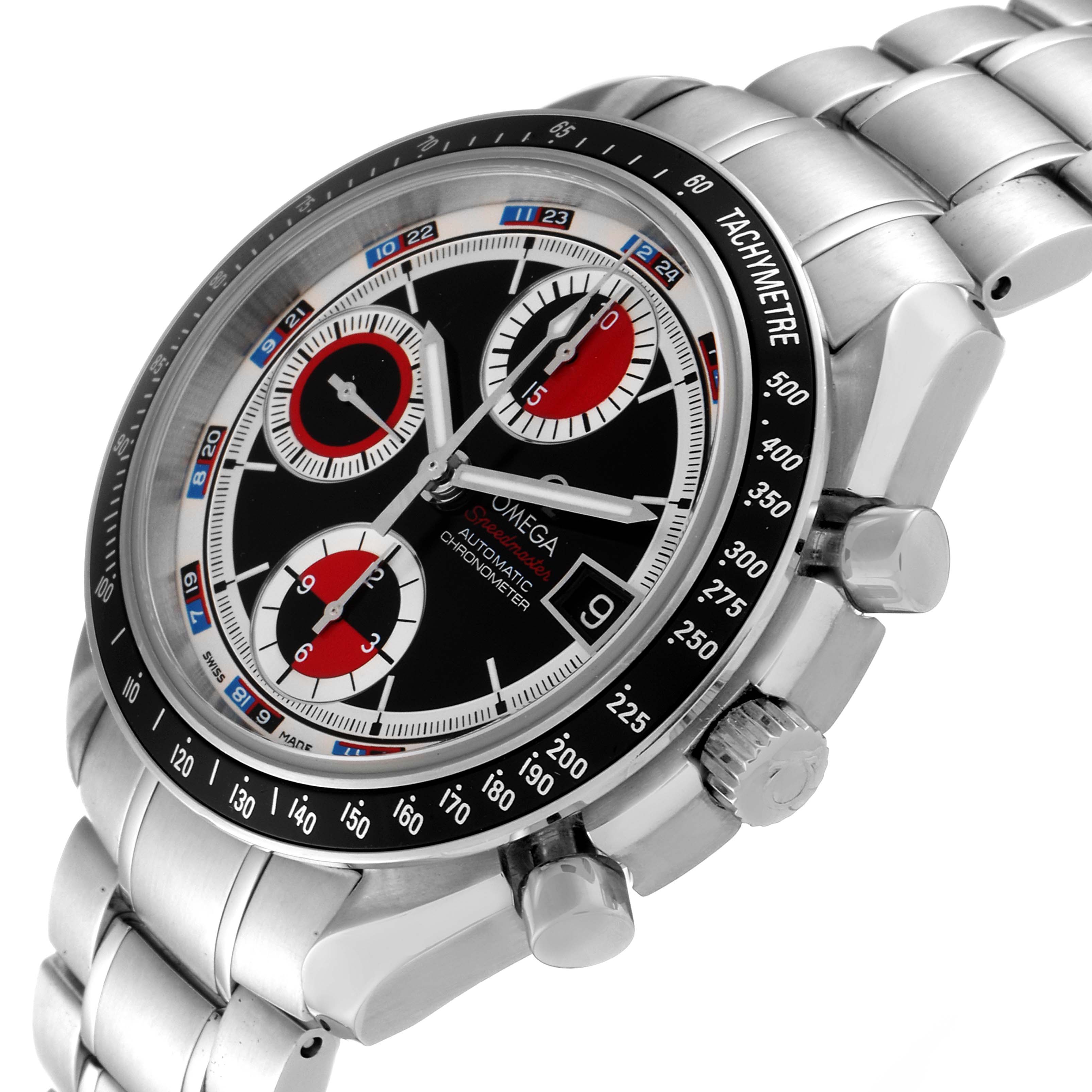 This is an angled close-up view of the Omega Speedmaster 3210.52.00 Men
s Stainless Steel Black Dial 3210.52.00 Men
s Stainless Steel Black Dial watch, showing the dial, bezel, and side pushers.