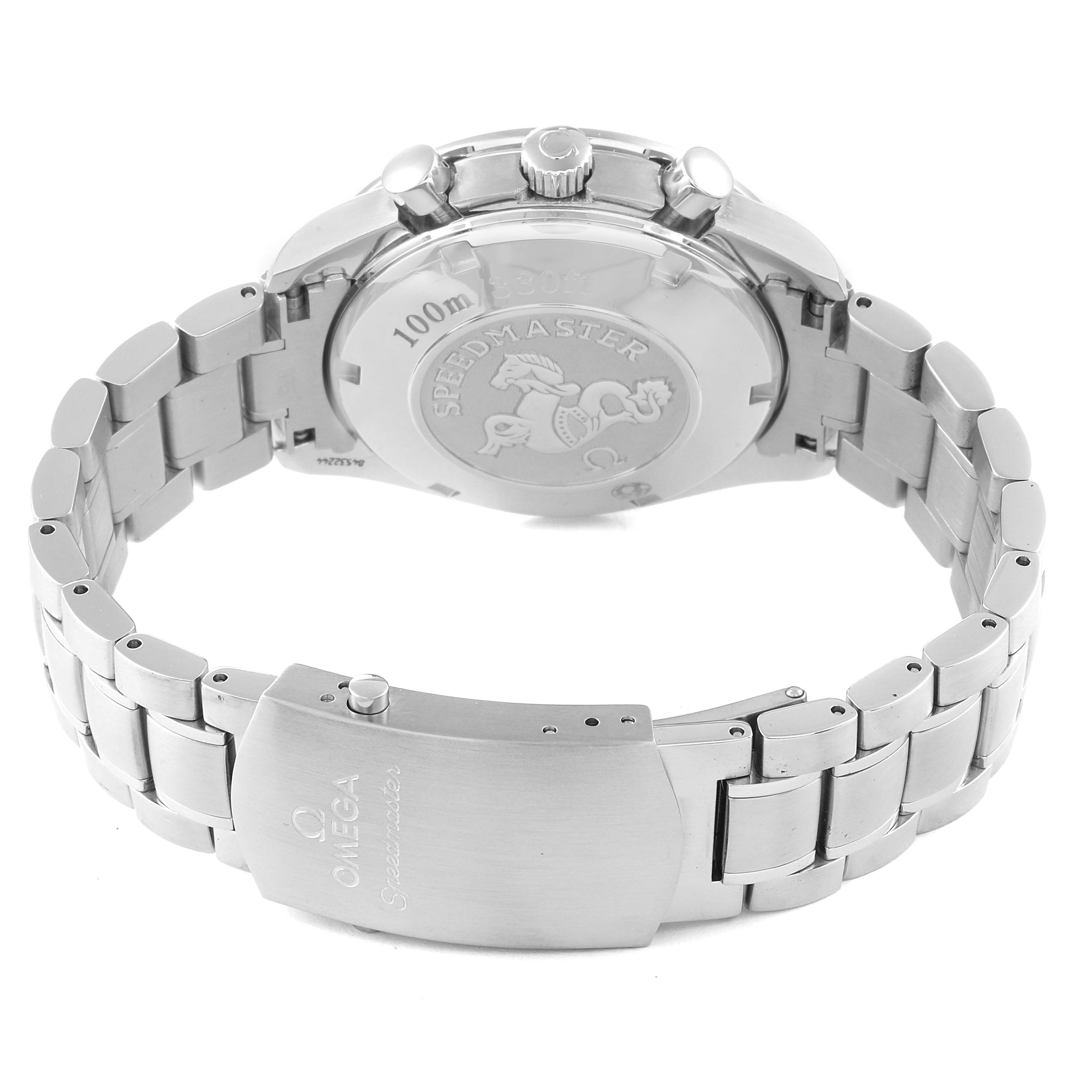 The image shows the backside and strap clasp of an Omega Speedmaster 3210.52.00 Men
s Stainless Steel Black Dial 3210.52.00 Men
s Stainless Steel Black Dial watch, highlighting the embossed case back and metal bracelet.