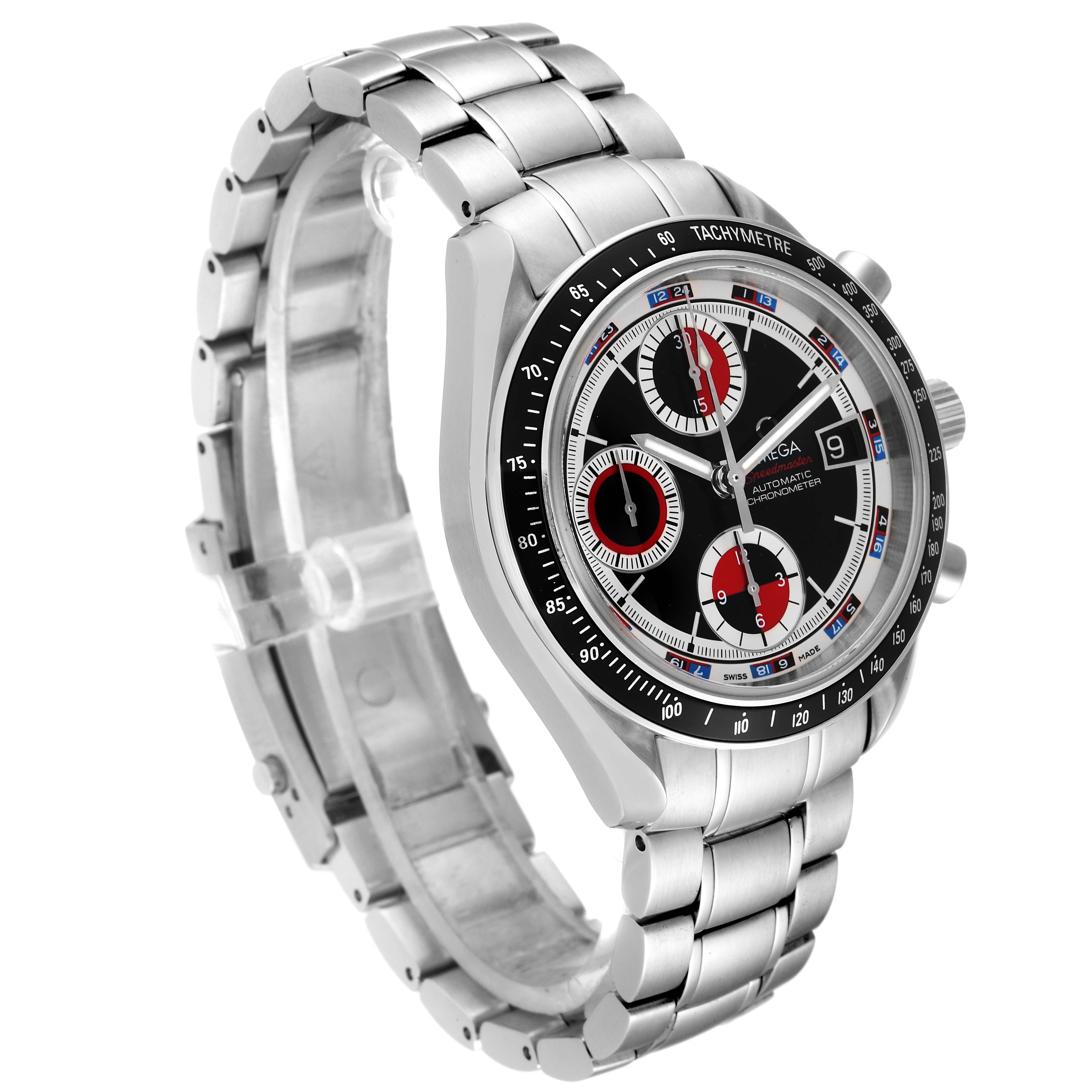 The image shows an Omega Speedmaster 3210.52.00 Men
s Stainless Steel Black Dial 3210.52.00 Men
s Stainless Steel Black Dial watch at an angled front view, displaying its dial, bezel, and stainless steel bracelet.