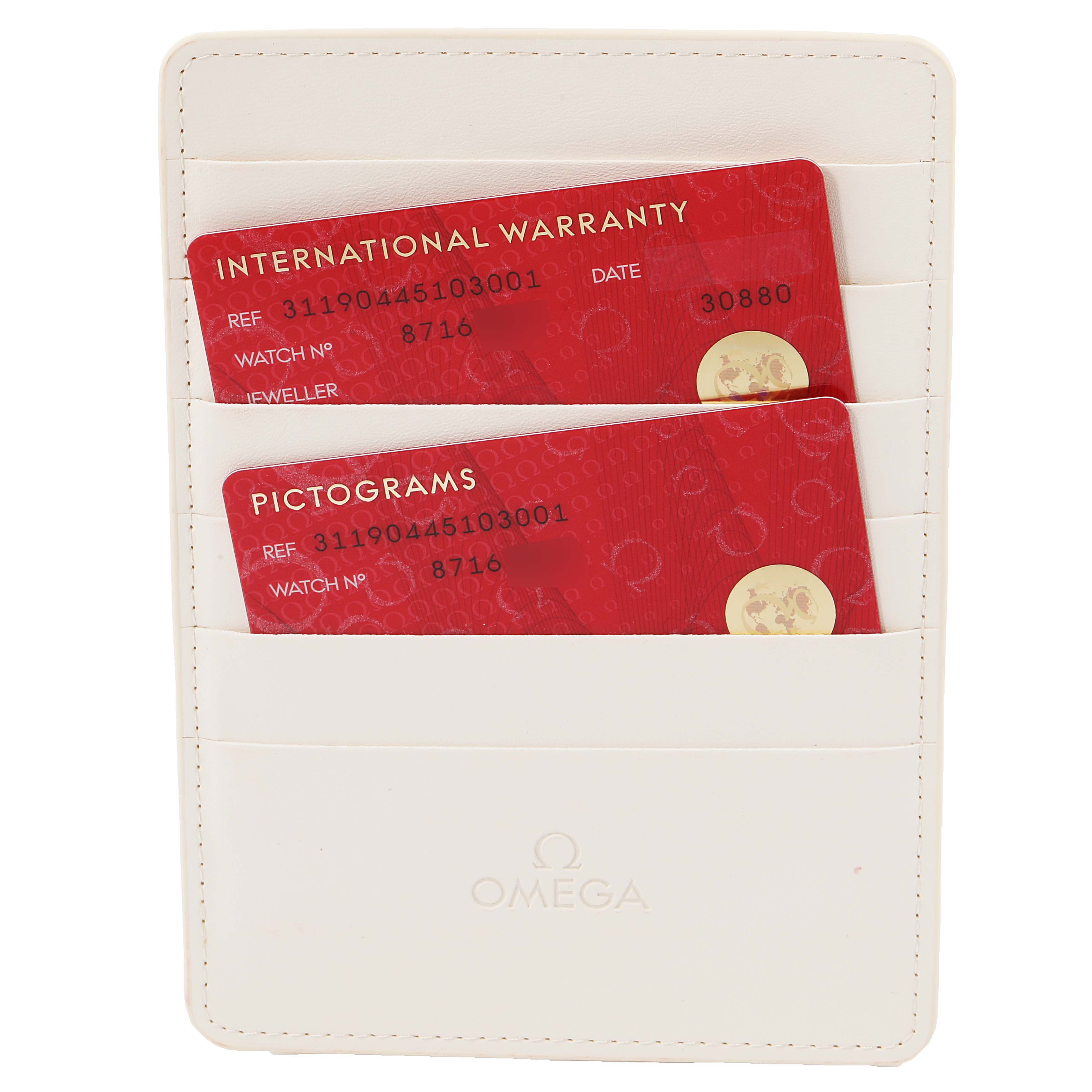 This image shows an Omega Speedmaster 311.90.44.51.03.001 Men's Titanium Blue Dial 311.90.44.51.03.001 Men's Titanium Blue Dial warranty card and pictogram card in a white Omega cardholder.