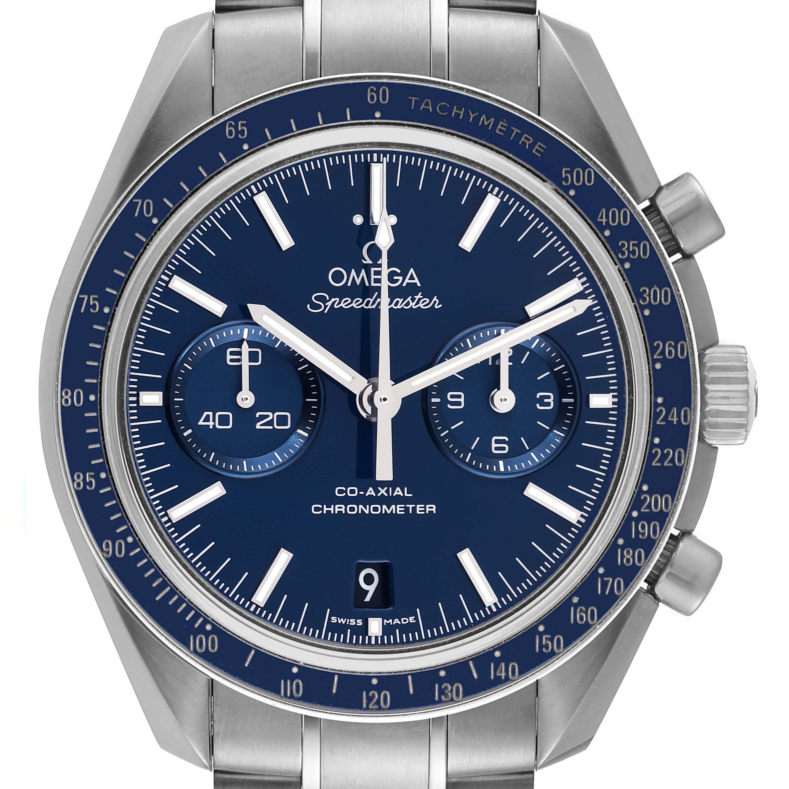 This image shows the dial, bezel, crown, and part of the bracelet of the Omega Speedmaster 311.90.44.51.03.001 Men's Titanium Blue Dial 311.90.44.51.03.001 Men's Titanium Blue Dial watch in a front-facing view.