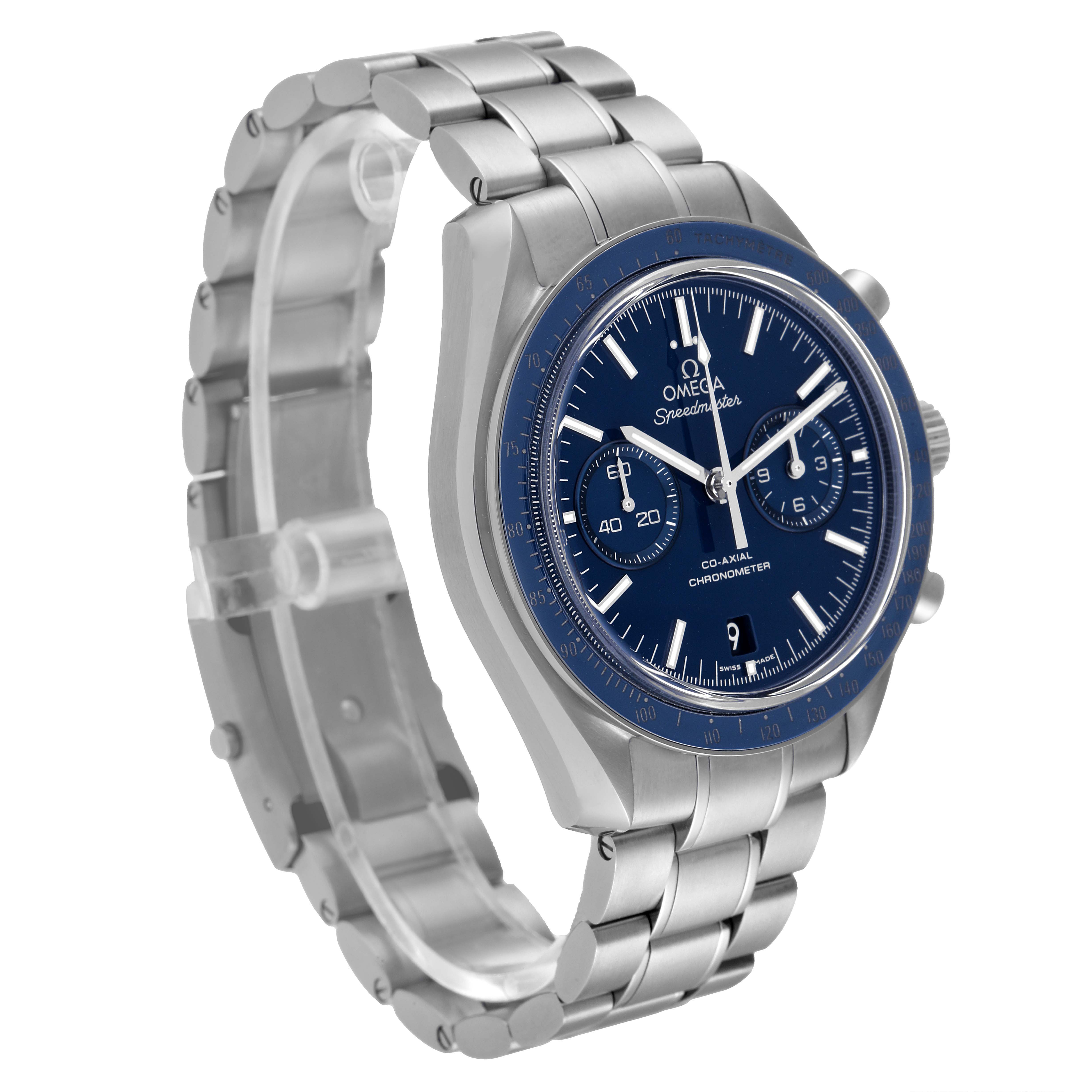 The Omega Speedmaster 311.90.44.51.03.001 Men's Titanium Blue Dial 311.90.44.51.03.001 Men's Titanium Blue Dial watch is shown at a three-quarter view, highlighting its blue dial and stainless steel bracelet.