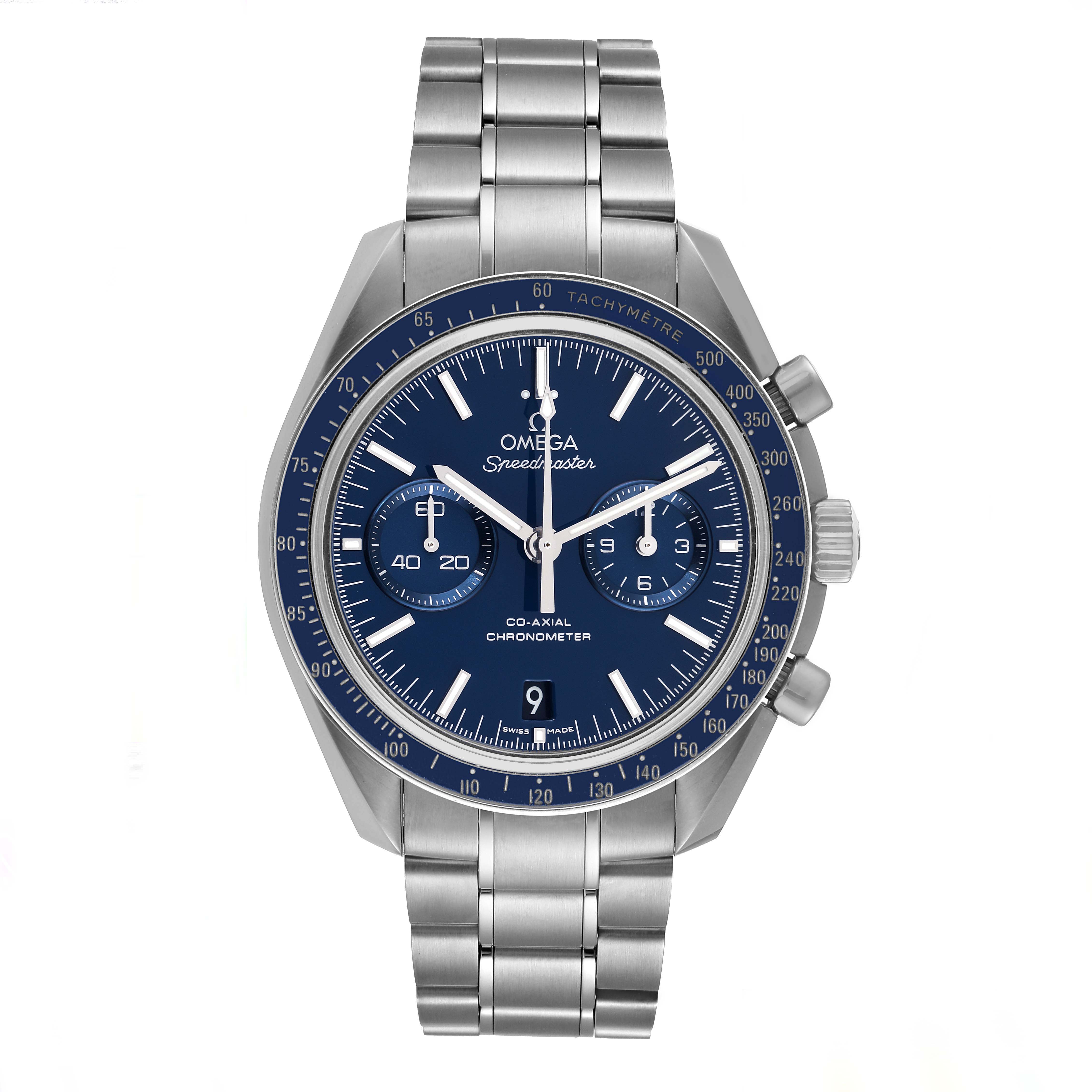This image shows a front view of the Omega Speedmaster 311.90.44.51.03.001 Men's Titanium Blue Dial 311.90.44.51.03.001 Men's Titanium Blue Dial watch, highlighting its dial, bezel, and bracelet.