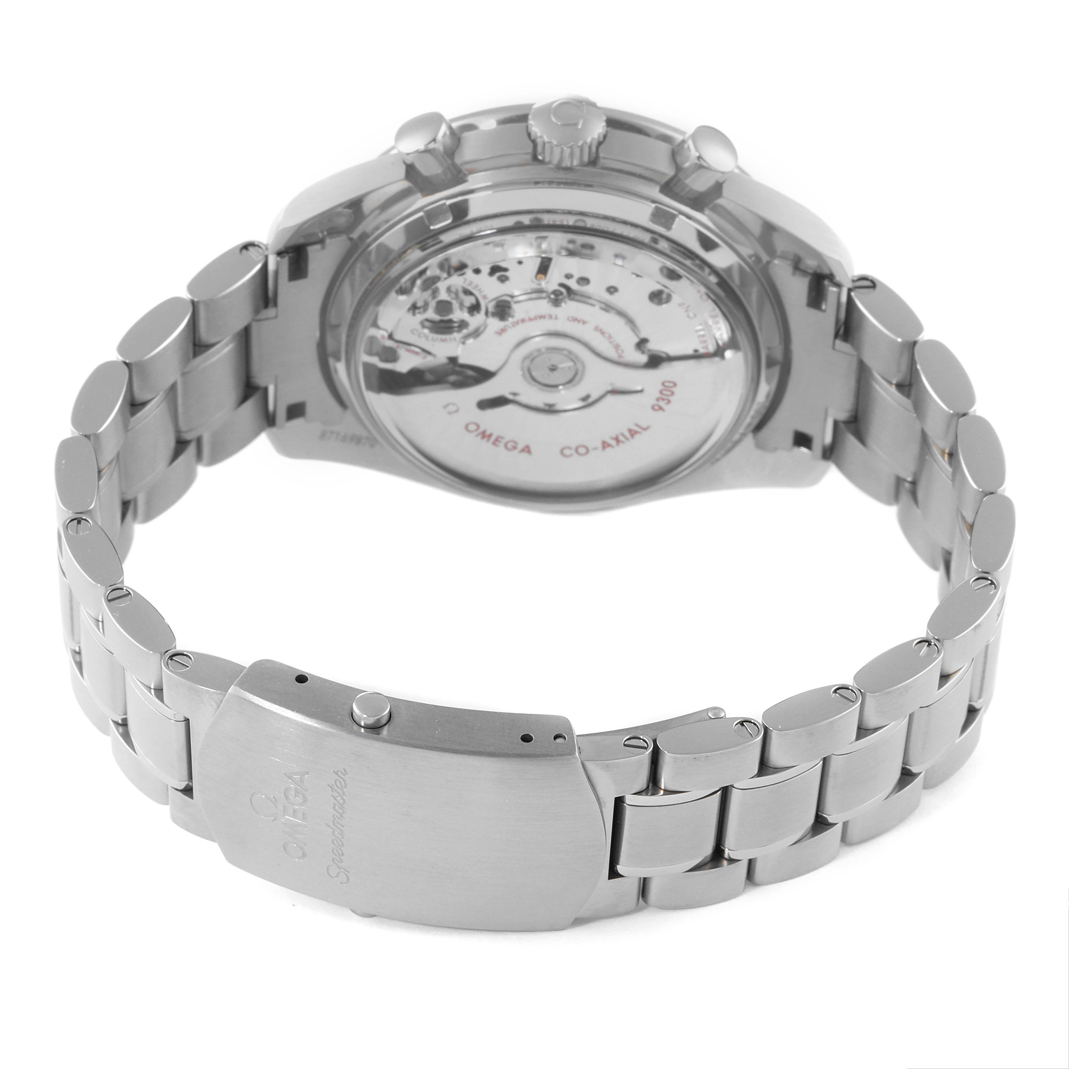 The Omega Speedmaster 311.90.44.51.03.001 Men's Titanium Blue Dial 311.90.44.51.03.001 Men's Titanium Blue Dial watch is shown from the back, highlighting the transparent case back and stainless steel bracelet.