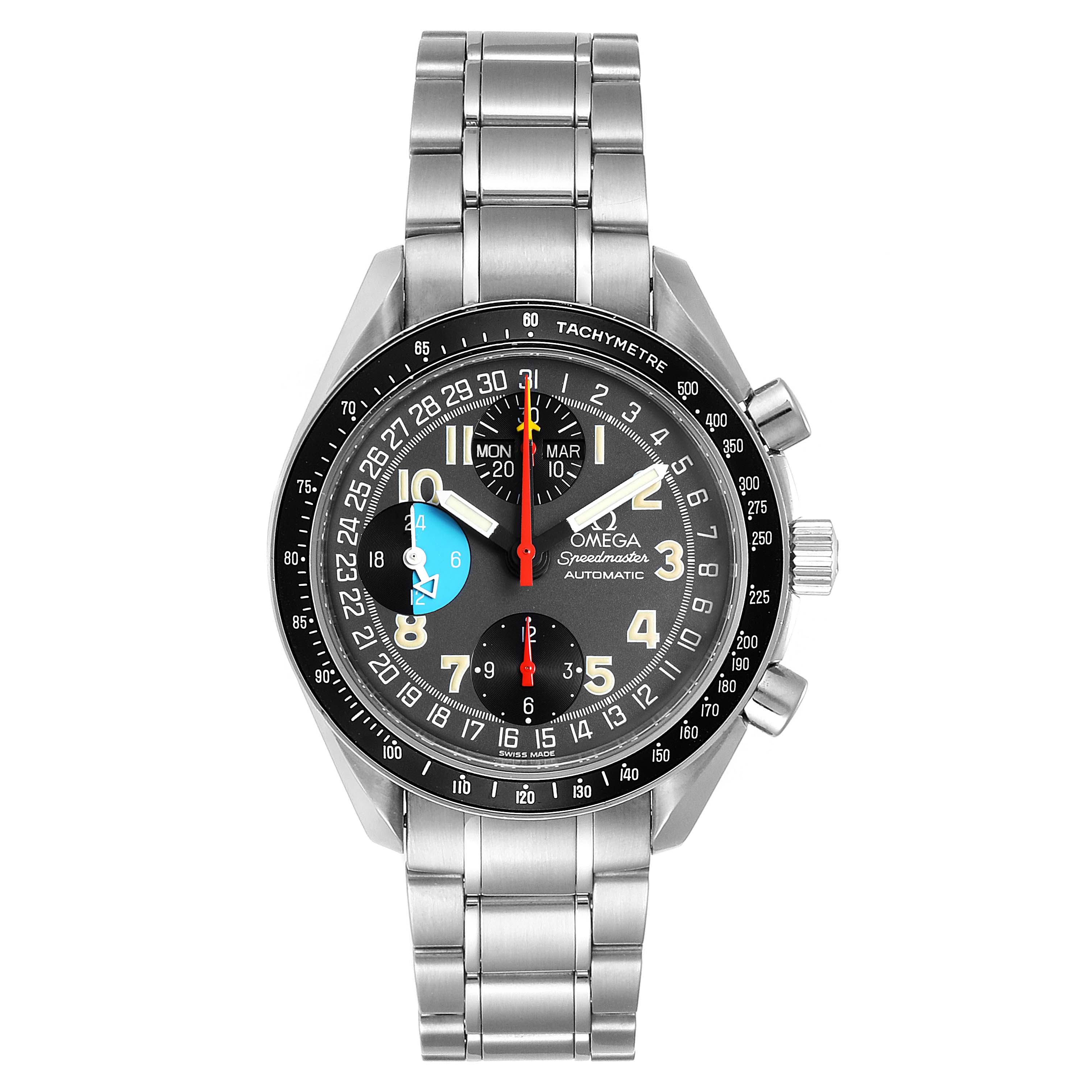 The Omega Speedmaster 3520.53.00 Men
s Stainless Steel Grey Dial 3520.53.00 Men
s Stainless Steel Grey Dial watch is shown from a front angle, displaying its face, bezel, and metal bracelet.