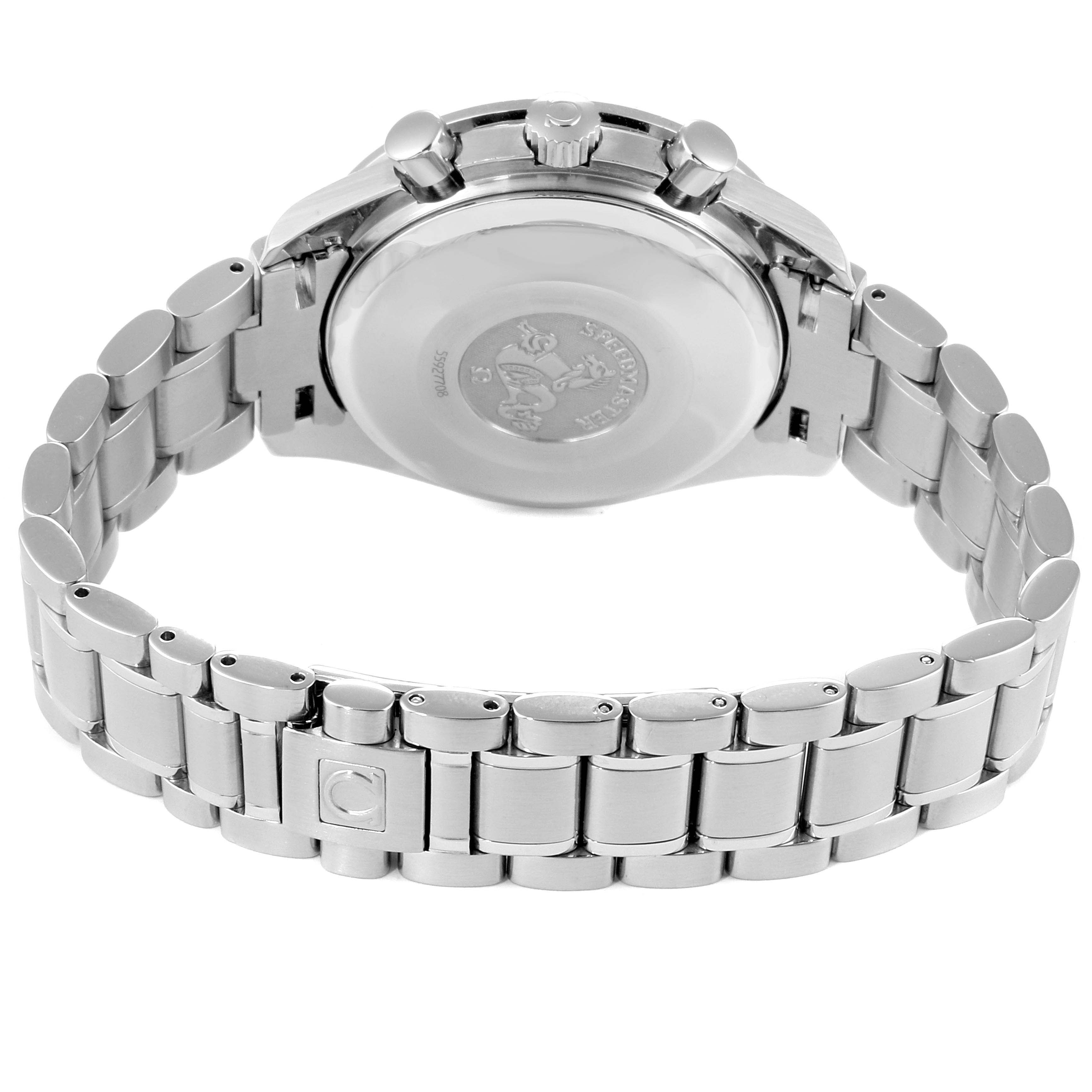 This image shows the back side of the Omega Speedmaster 3520.53.00 Men
s Stainless Steel Grey Dial 3520.53.00 Men
s Stainless Steel Grey Dial watch, highlighting the case back and stainless steel bracelet.