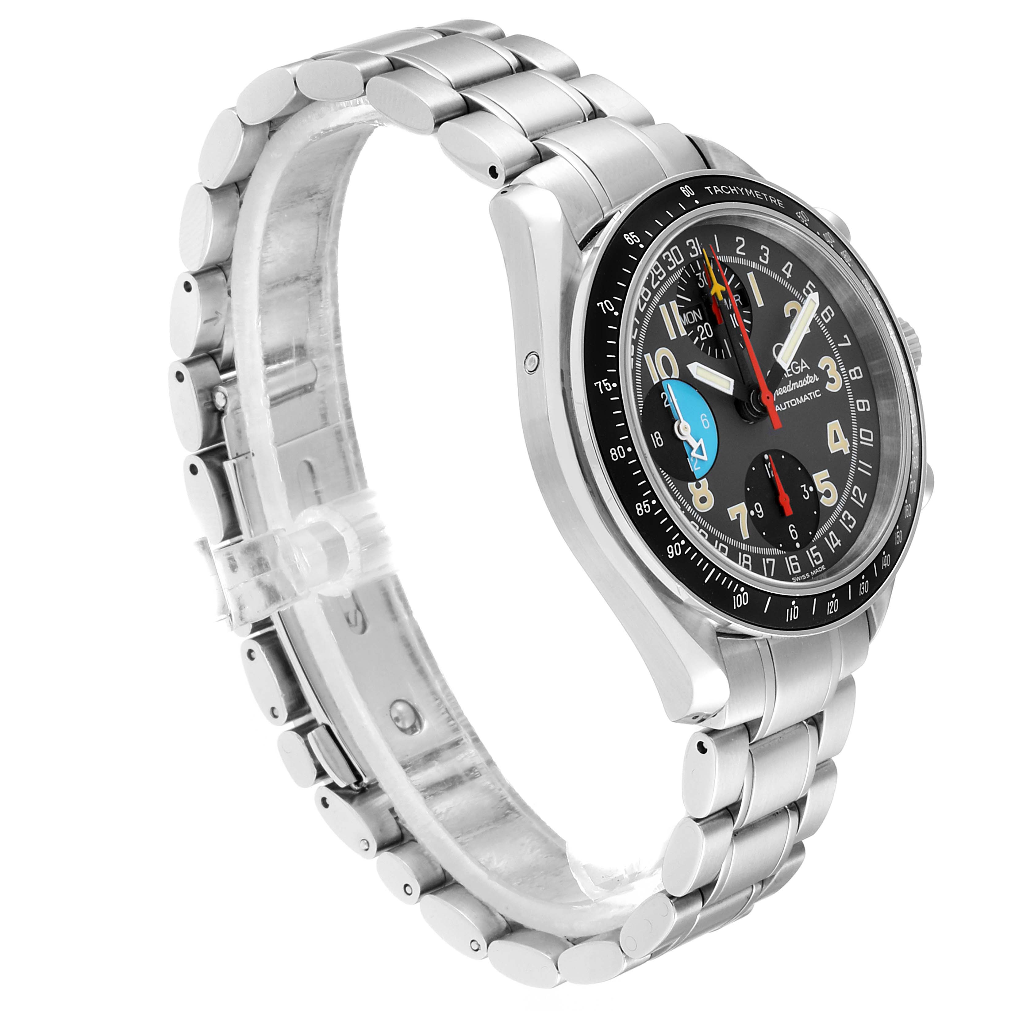 The image shows an Omega Speedmaster 3520.53.00 Men
s Stainless Steel Grey Dial 3520.53.00 Men
s Stainless Steel Grey Dial watch at a slight side angle, highlighting its bracelet, dial, and tachymeter bezel.